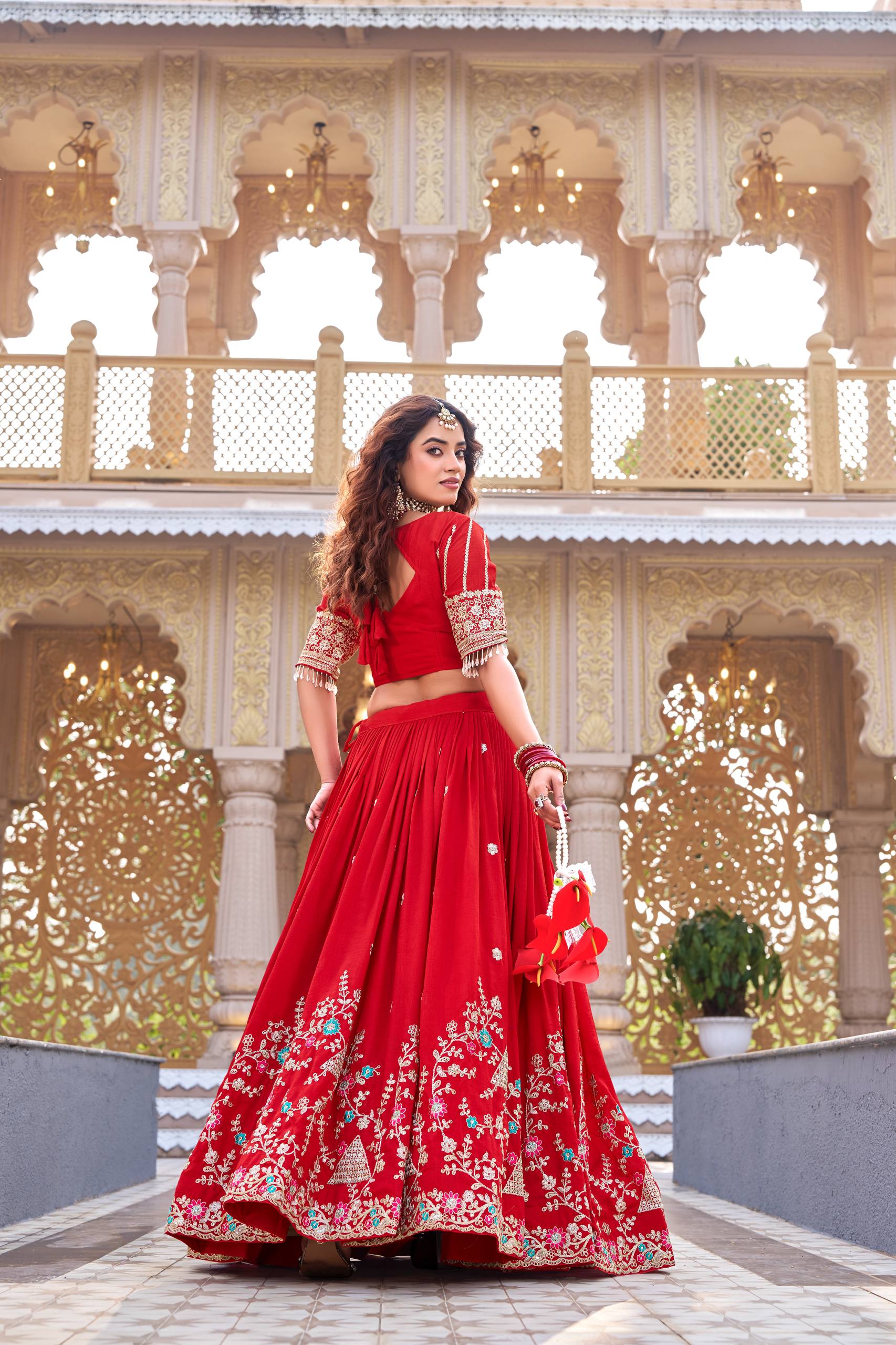 Designer Wedding Collection Vichitra Lehenga Choli with Heavy Cording Embroidery Work - Fully Stitched
