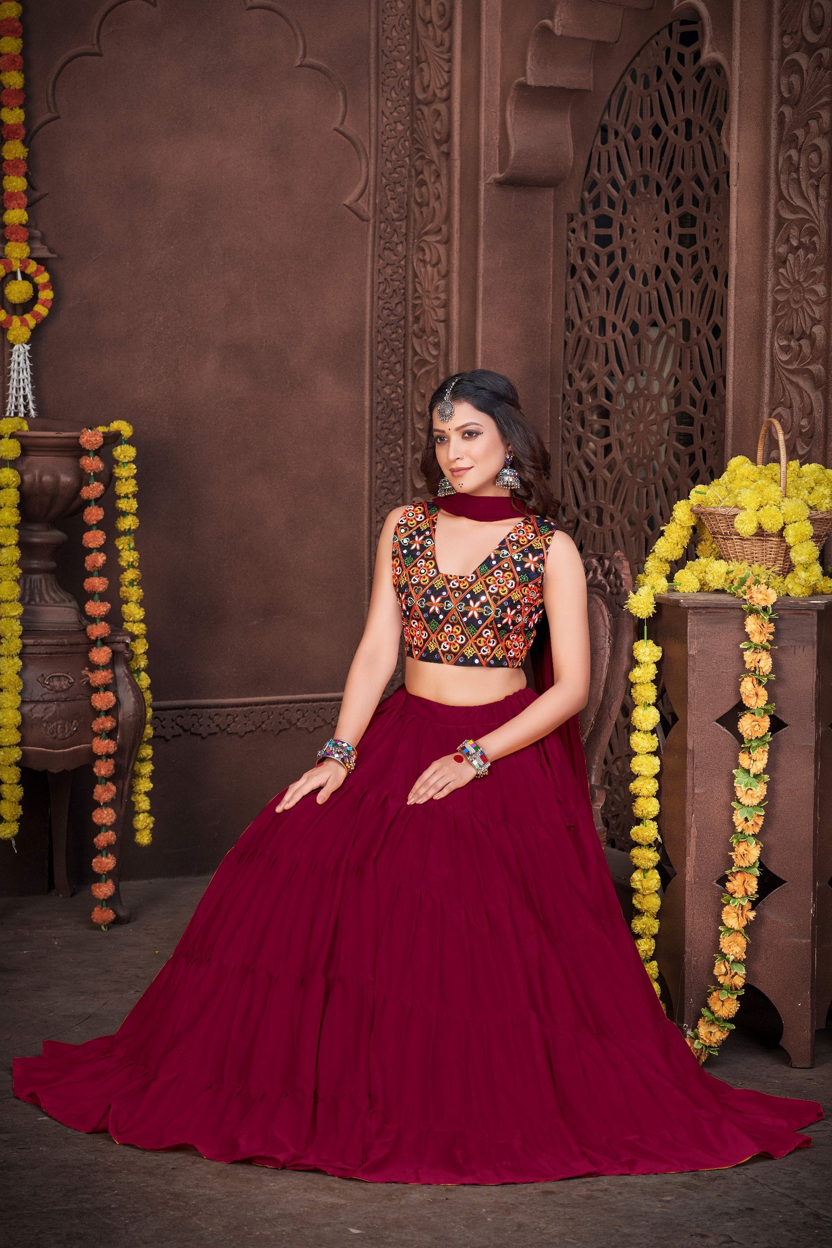 Navratri Special French Crepe Chaniya Choli with Kutchi Mirror Work Blouse