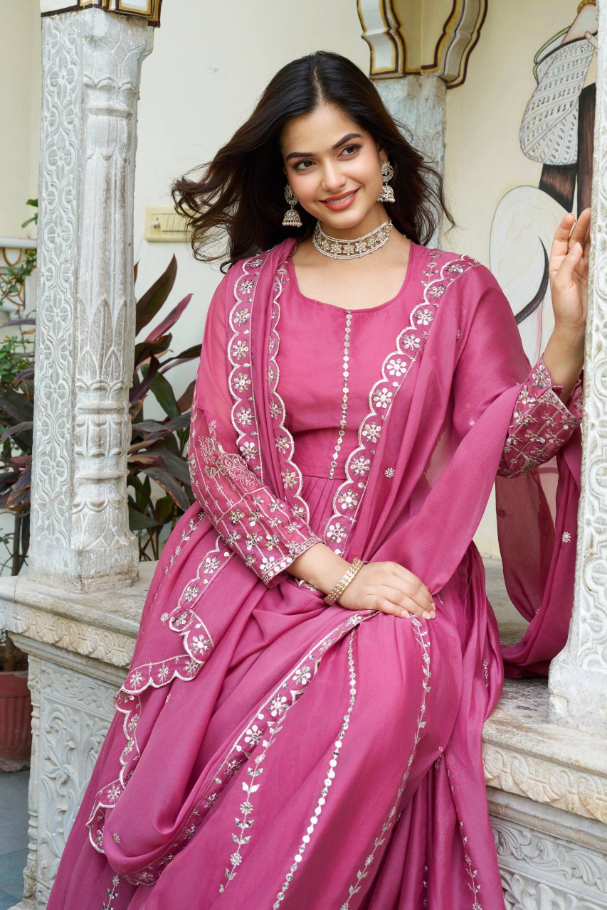 Festival Collection Star Georgette Long Gown with Heavy 7MM Sequence Embroidery Work - Fully Stitched