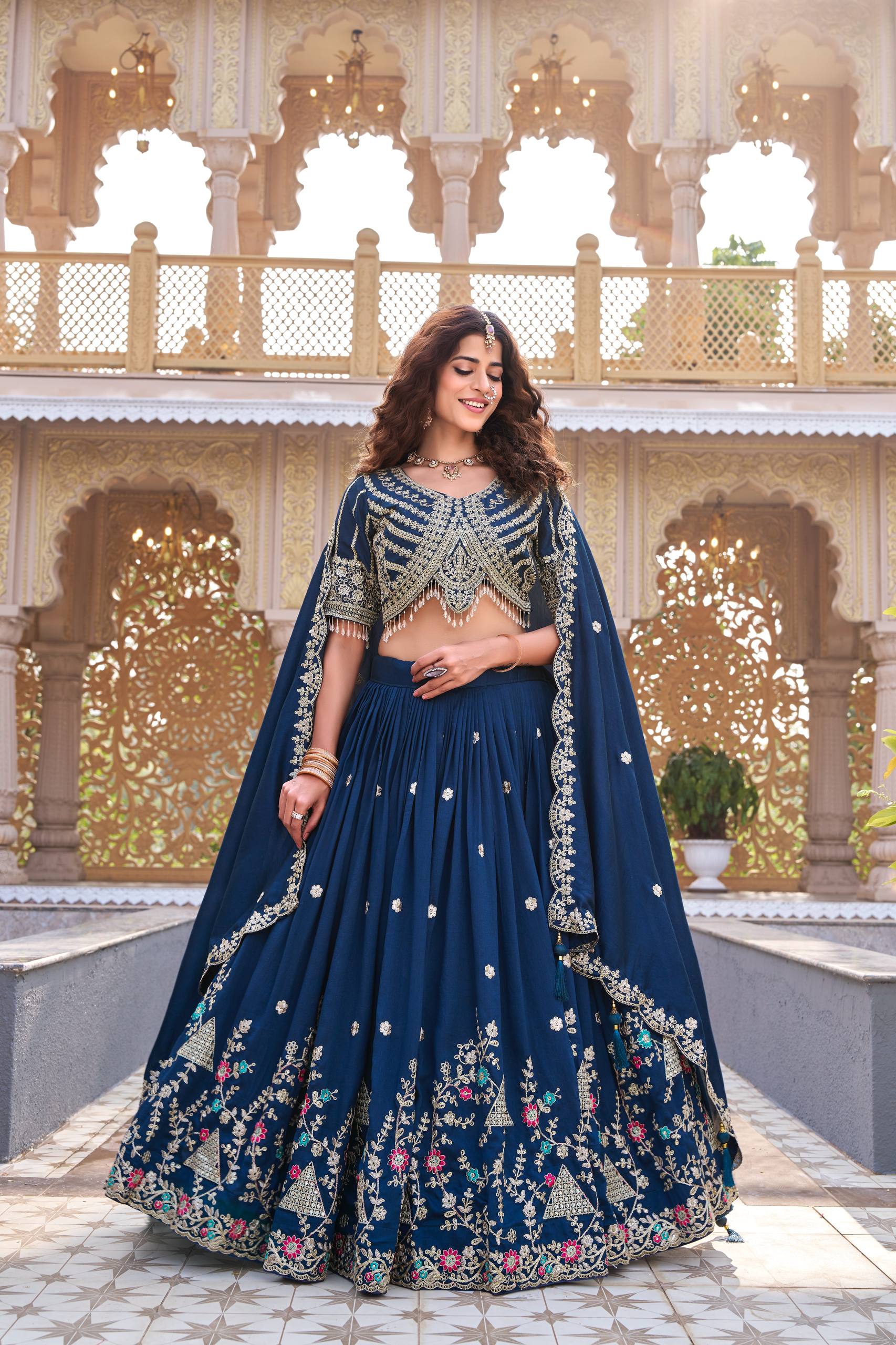 Designer Wedding Collection Vichitra Lehenga Choli with Heavy Cording Embroidery Work - Fully Stitched