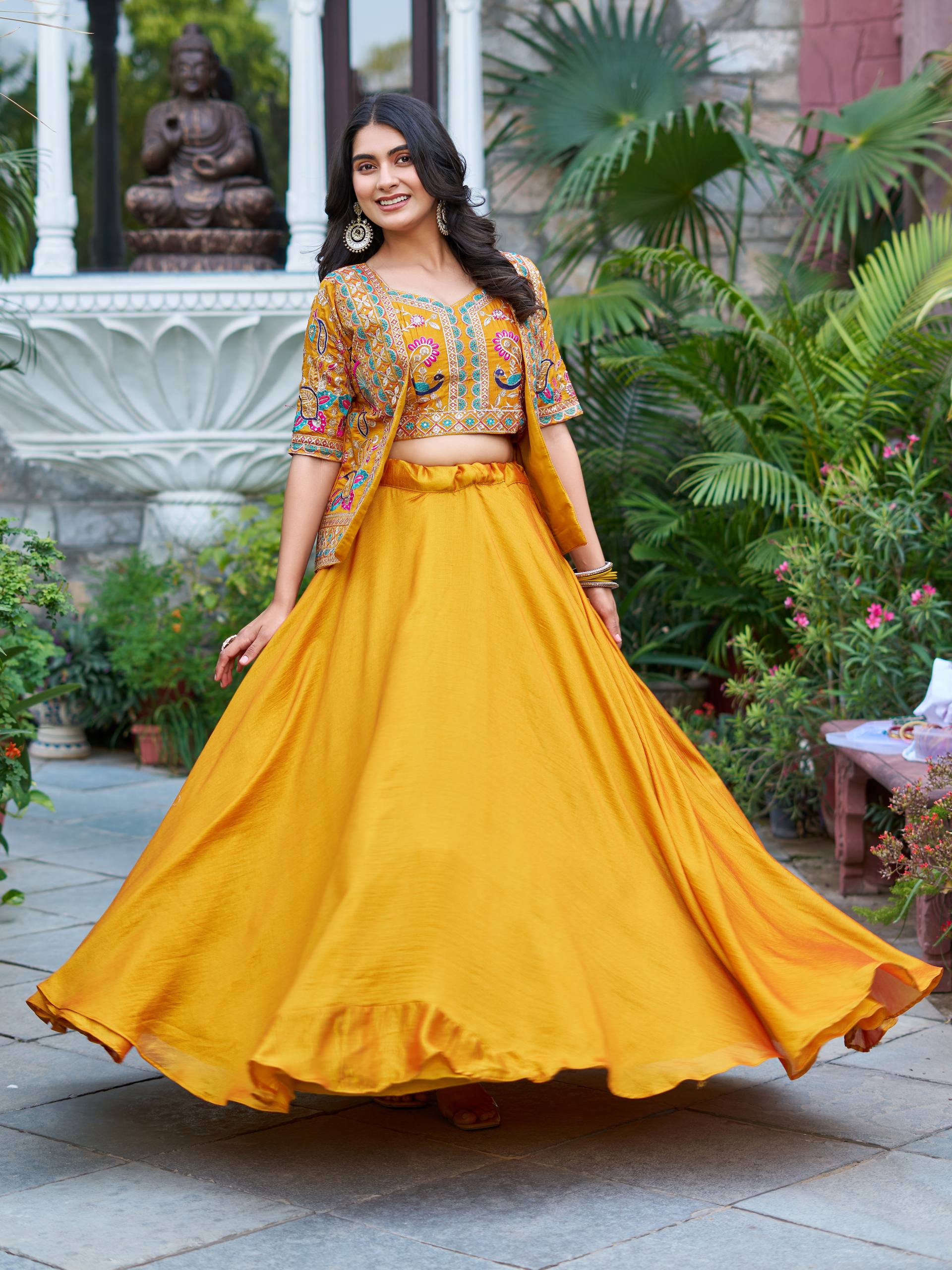 New Festival Collection Vichitra Lehenga Choli with Embroidered Koti and 8.50 Meter Flair - Fully Stitched