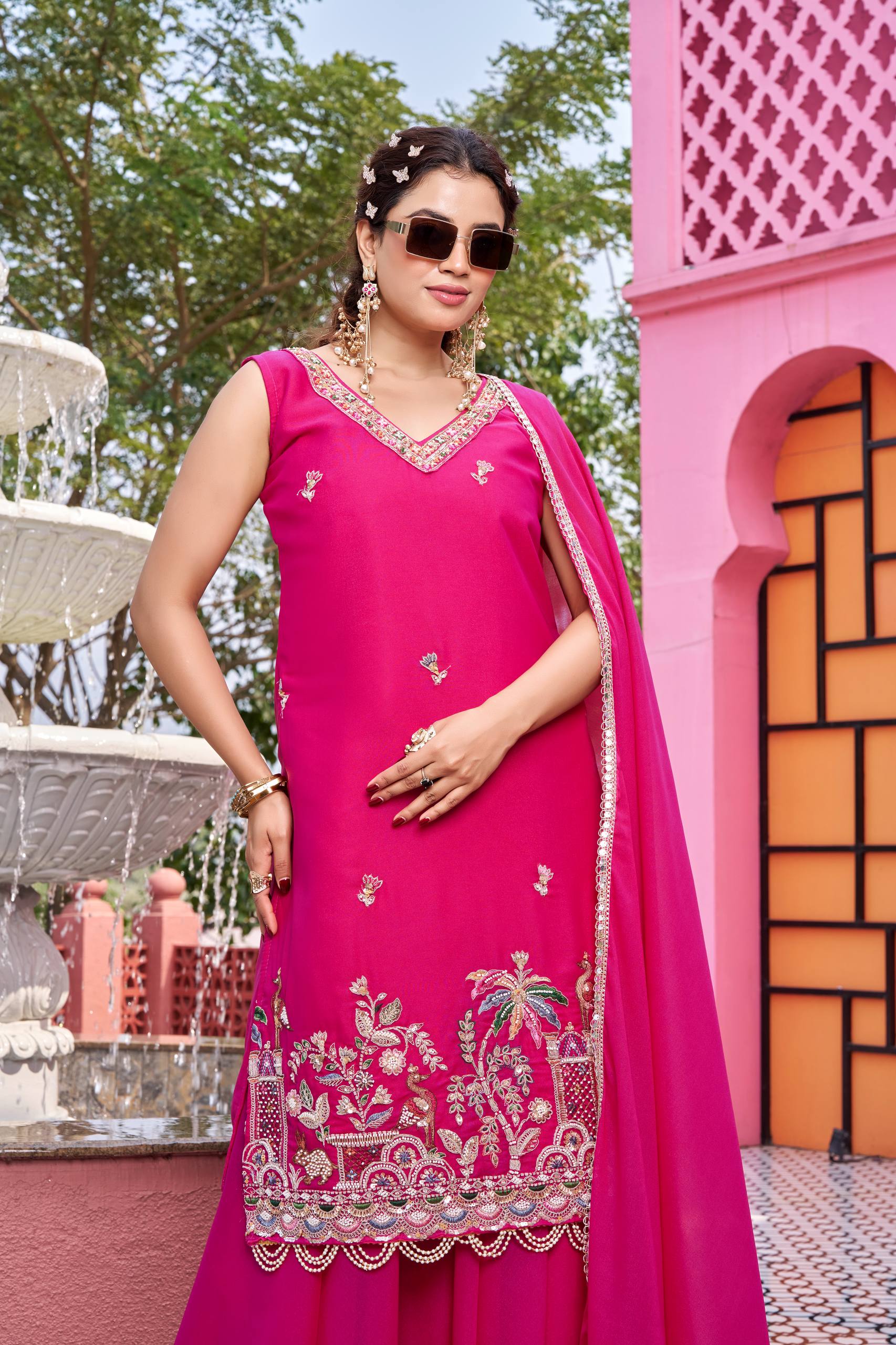 New Haldi Special Designer Kurti Palazzo with Dupatta and Moti Work - Fully Stitched