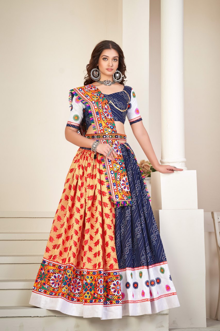 Navratri Special Blue Bandhani Chaniya Choli with Mirror Work and Silk Dupatta