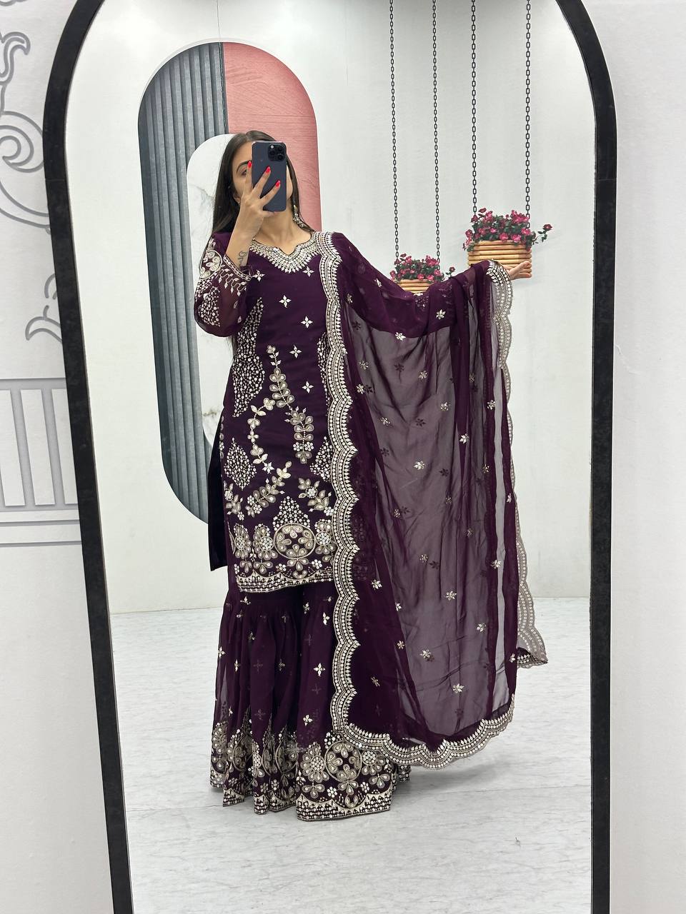 Designer Party Wear Embroidered Sharara Suit Set with Dupatta - Fully Stitched