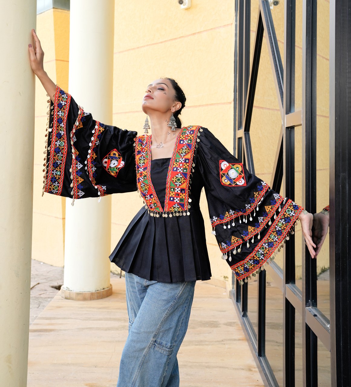 Navratri Special Black Kutchi Embroidered Kurti with Mirror Work - Fully Stitched