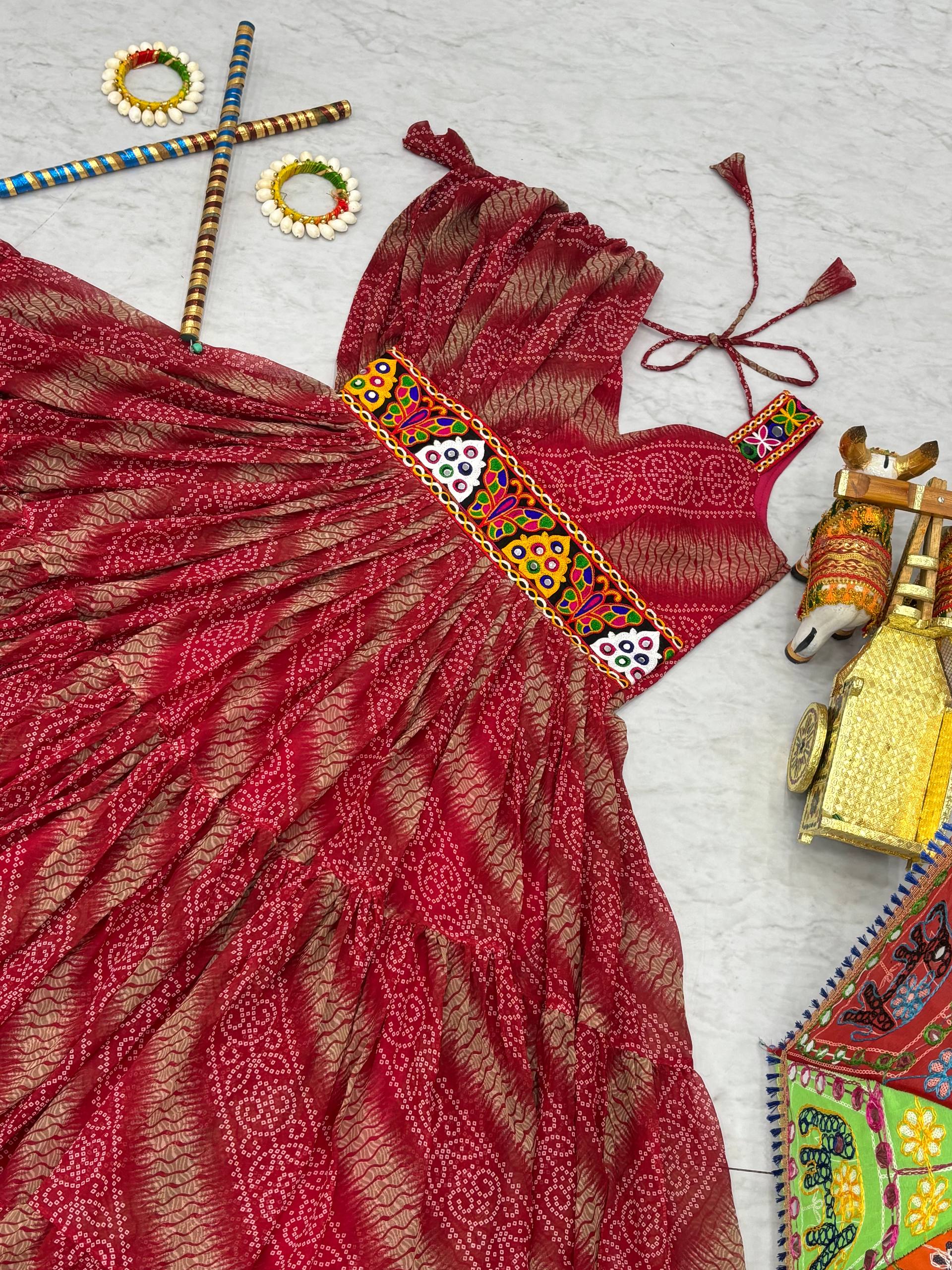 Navratri Special Bandhani Print Faux Georgette Gown with Gamathi Work and Real Mirror - Fully Stitched