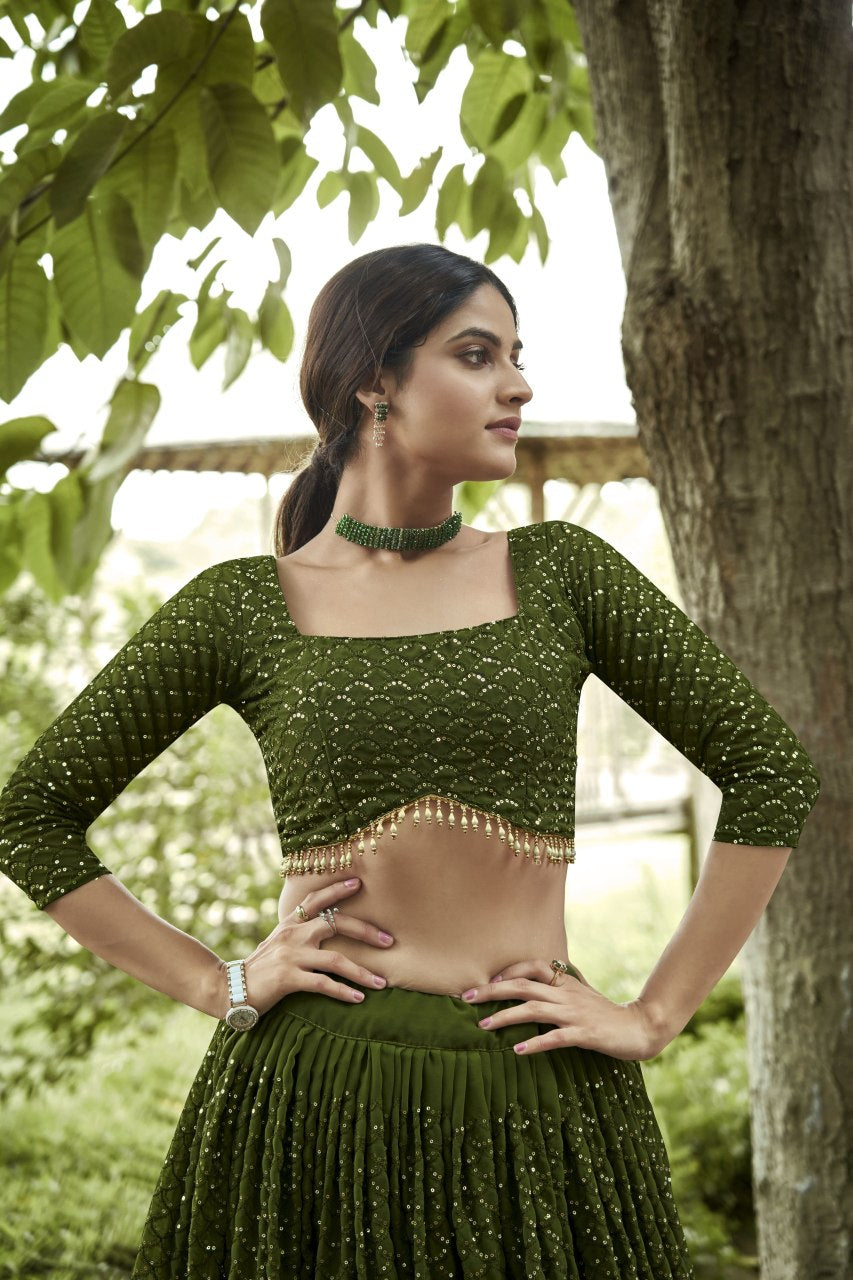 Maroon Sequin Embroidered Semi-Stitched Wedding & Festive Wear Georgette Lehenga Choli with Border Work