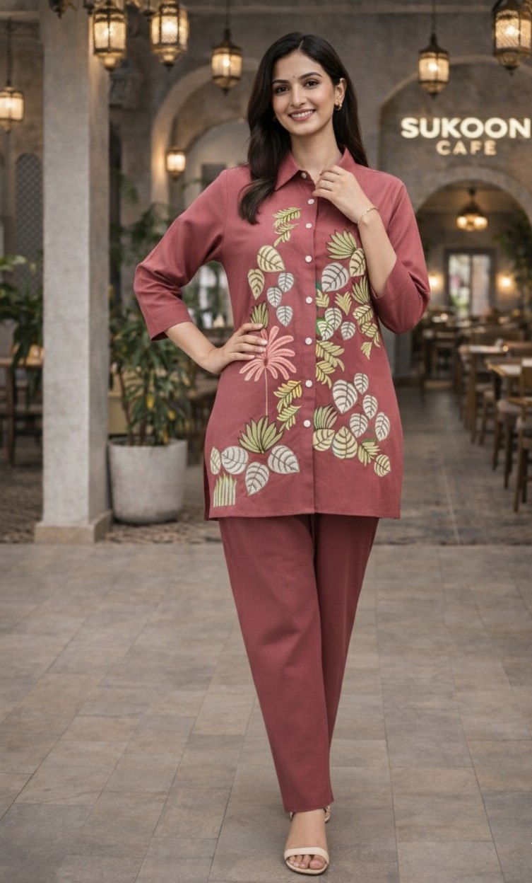 Women's Cotton Embroidered Co-Ord Set with Shirt Collar Top and Pant - Fully Stitched