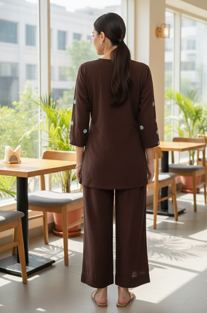 Women's Brown Bindu Bubbal Embroidered Co-Ord Set with V-Neck Top and Pant - Fully Stitched