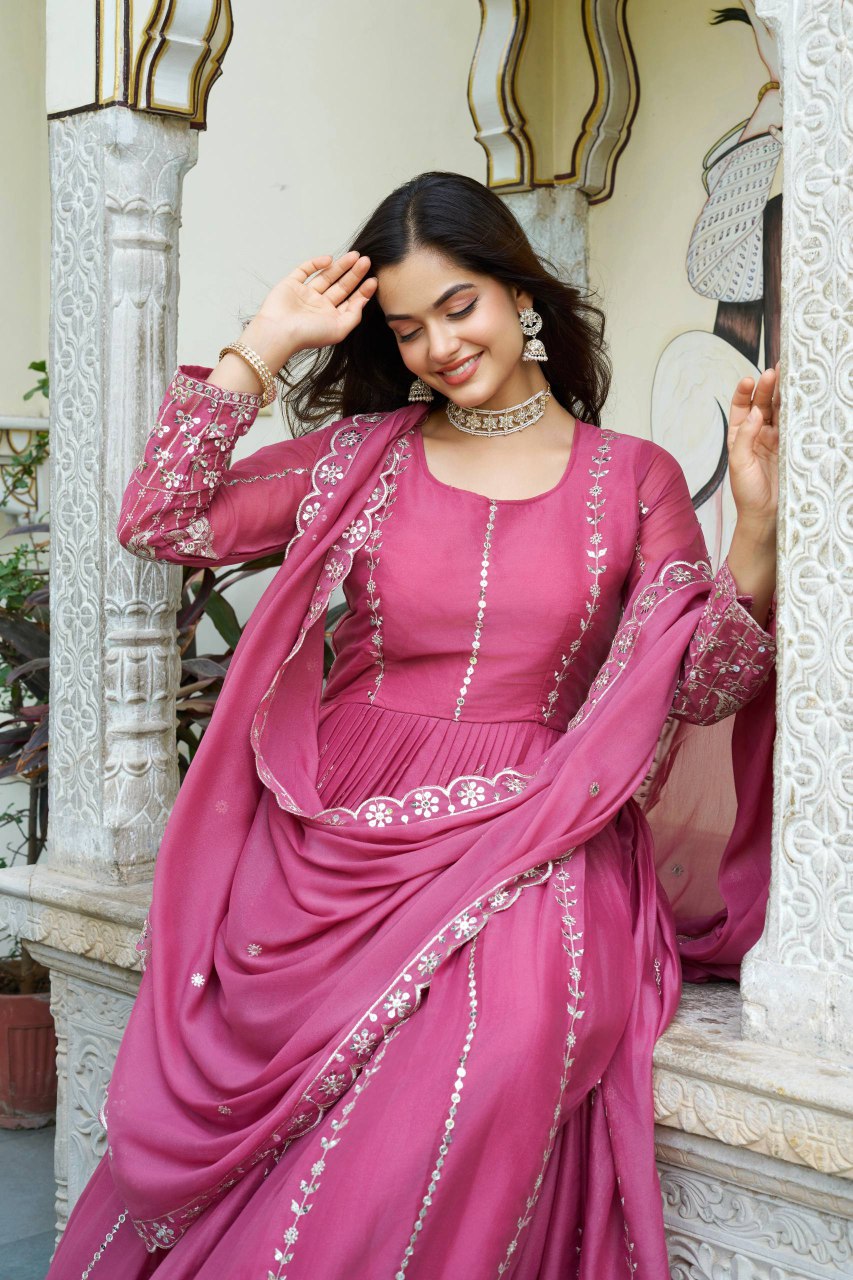Festival Collection Star Georgette Long Gown with Heavy 7MM Sequence Embroidery Work - Fully Stitched
