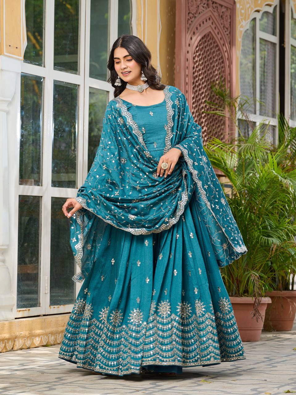 New Festival Collection Vichitra Silk Long Gown with Heavy Sequence Embroidery Dupatta - Fully Stitched