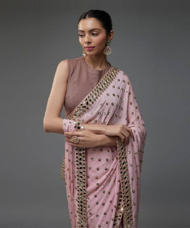 Trending Bollywood Blockbuster Faux Georgette Sequins Designer Saree with Mirror Work Border