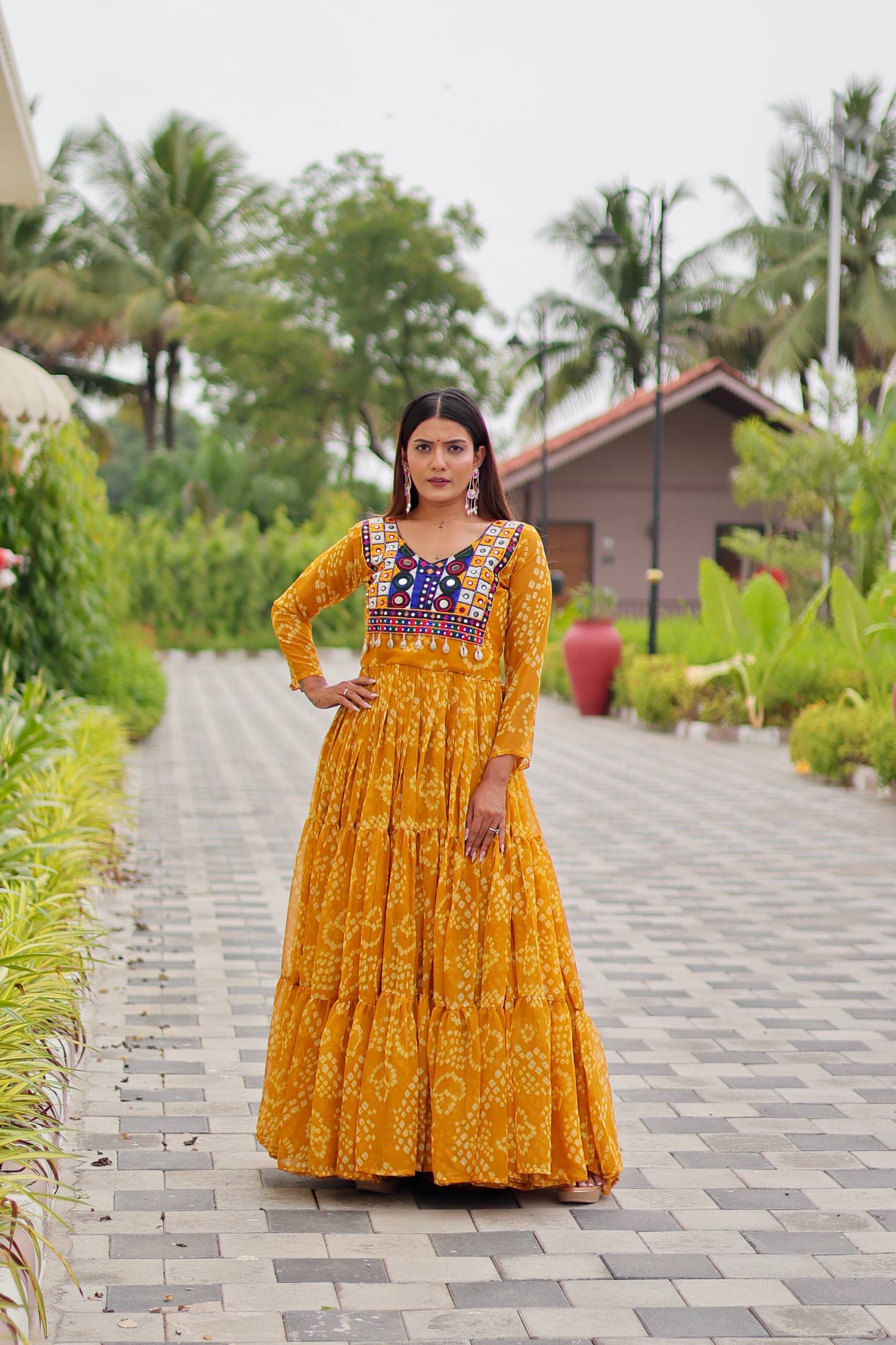 Navratri Special Faux Georgette Gown with Kodi Lace and Real Mirror Work - Fully Stitched