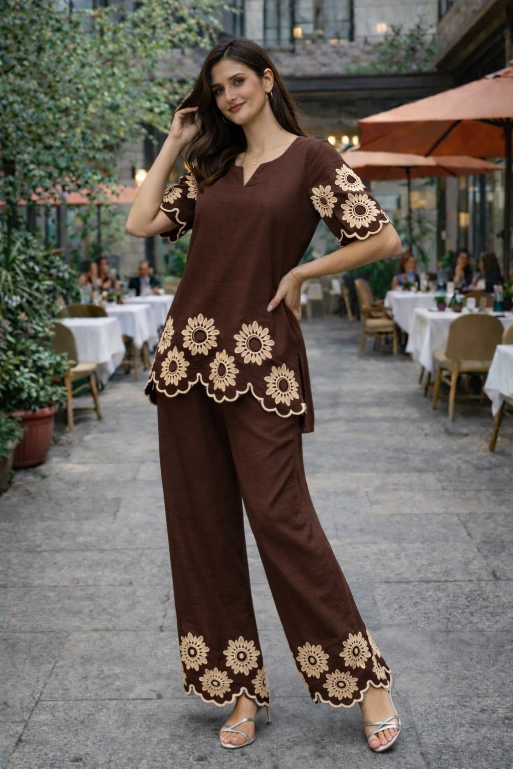Women's Cotton Embroidered Chain Stitch Co-Ord Set with V-Neck Top and Pant - Fully Stitched