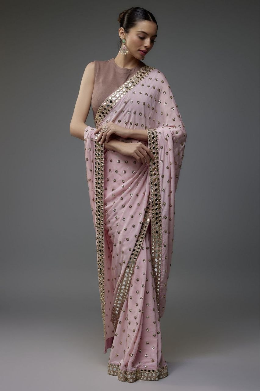 Trending Bollywood Blockbuster Faux Georgette Sequins Designer Saree with Mirror Work Border