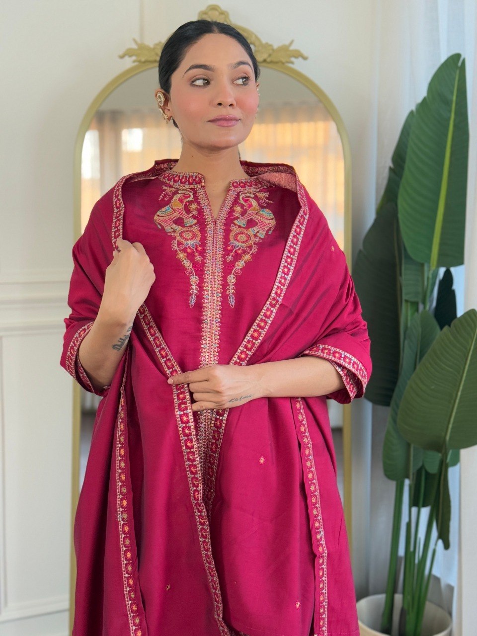 Stylish PV Chanderi Embroidered Kurta Palazzo Set with Dupatta for Party Wear - Fully Stitched