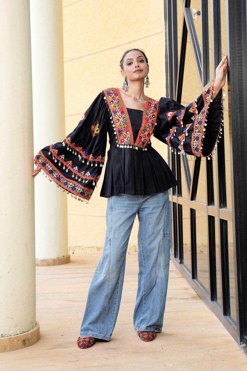 Navratri Special Black Kutchi Embroidered Kurti with Mirror Work - Fully Stitched