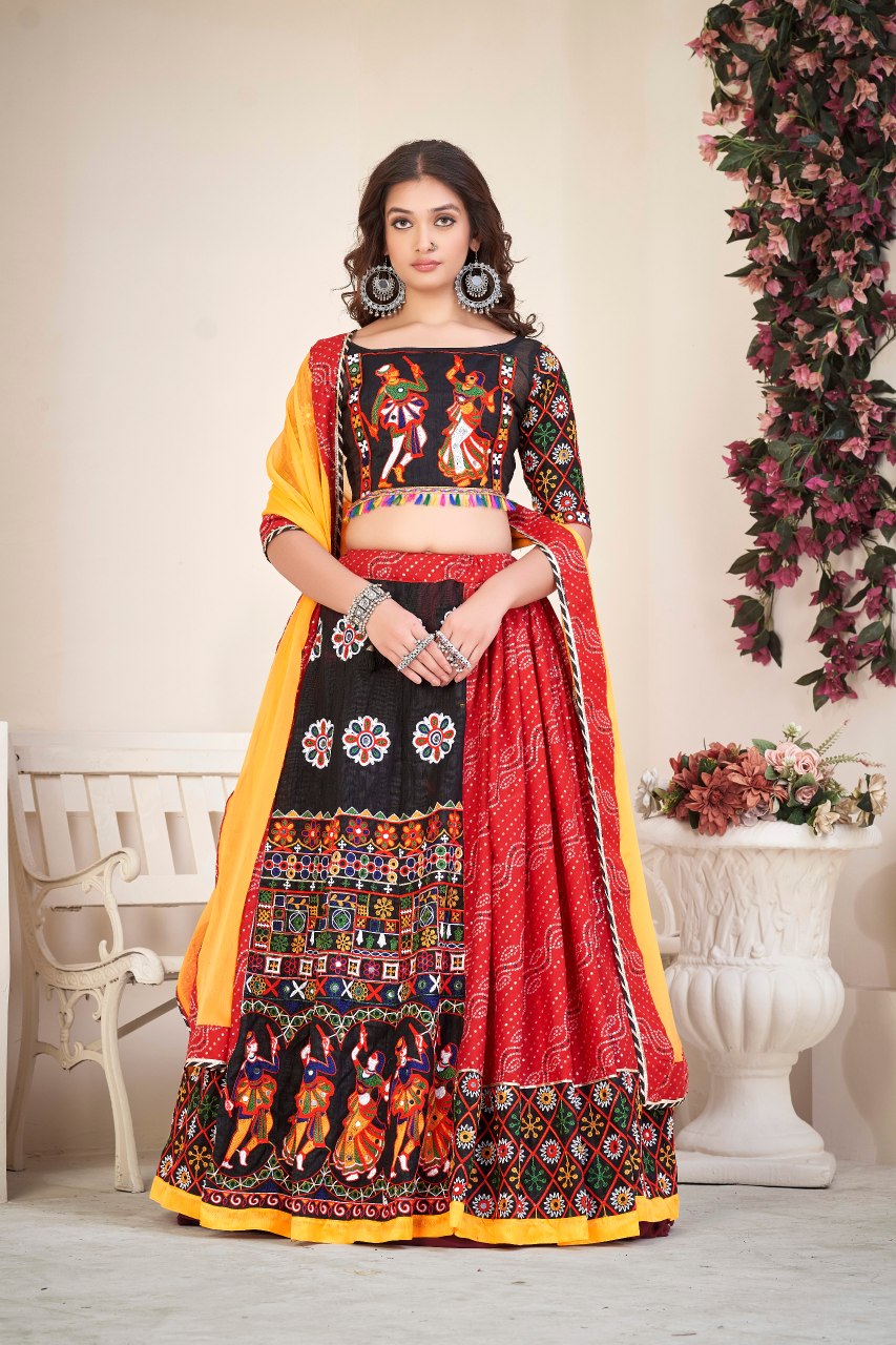 Navratri Special Red Bandhani Chaniya Choli with Mirror Work