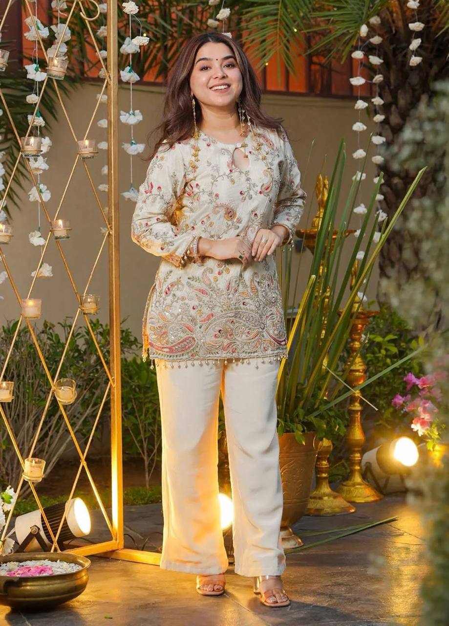 Designer Silk Embroidered Top & Pant Co-Ord Set for Women | Party Wear Ethnic Outfit