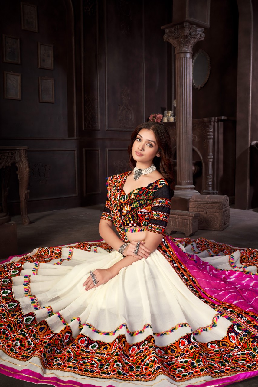 Navratri Special Off-White Georgette Chaniya Choli with Traditional Kutchi Mirror Work