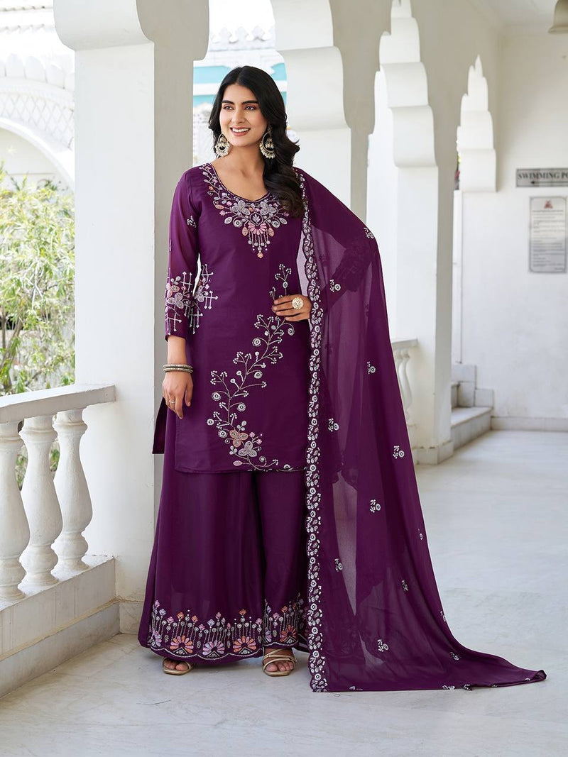 Designer Star Georgette Kurti Palazzo Set with Heavy Moti and Sequence Embroidery Work- Fully Stitched