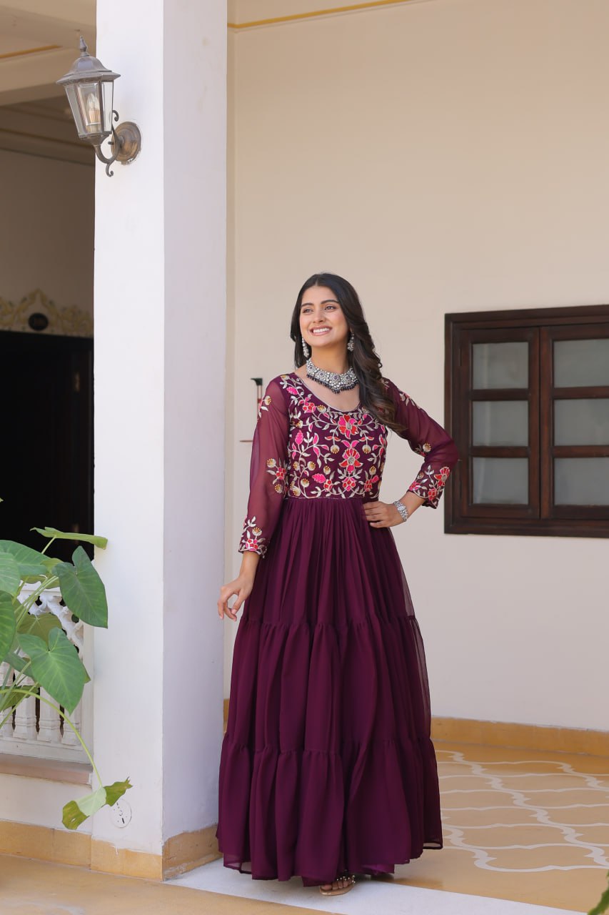 New Festival Collection Fox Georgette Long Gown with Heavy 3MM Sequence Thread Work - Fully Stitched