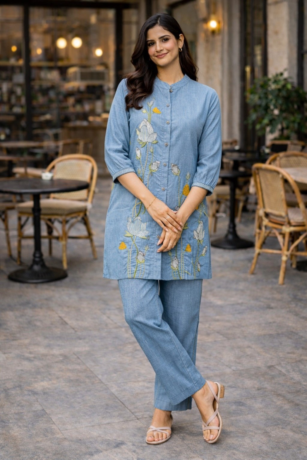 Women's Pure Cotton Embroidered Co-Ord Set with Collar Neck Top and Pant - Fully Stitched