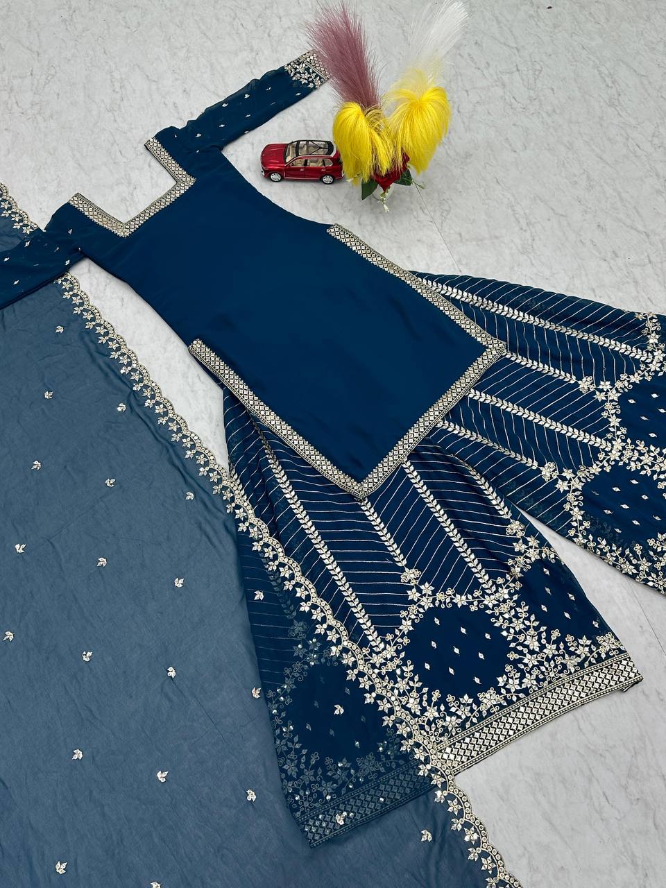 Festival Wear Heavy Embroidered Palazzo Top Set with Dupatta - Fully Stitched