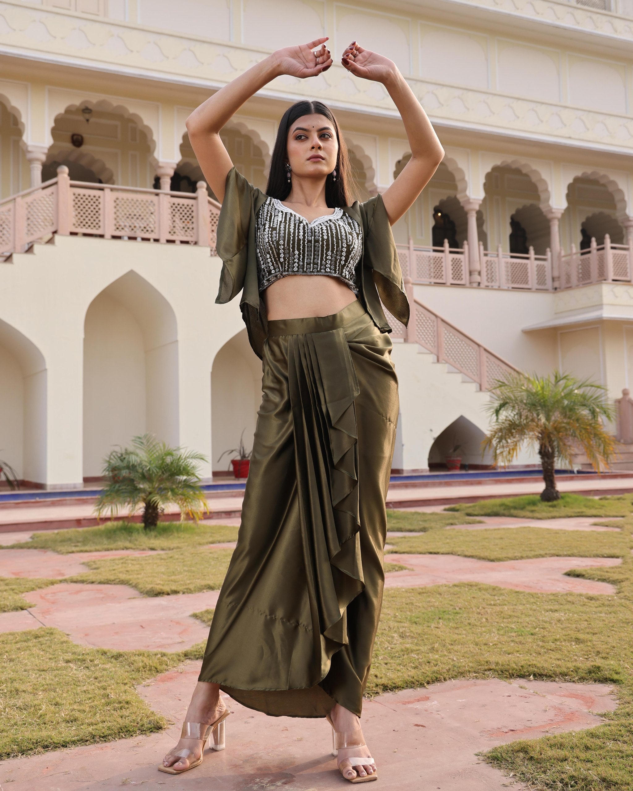 Premium Mehendi Satin Silk Indo-Western Drape Skirt Set with Embroidered Top and Shrug- Fully Stitched