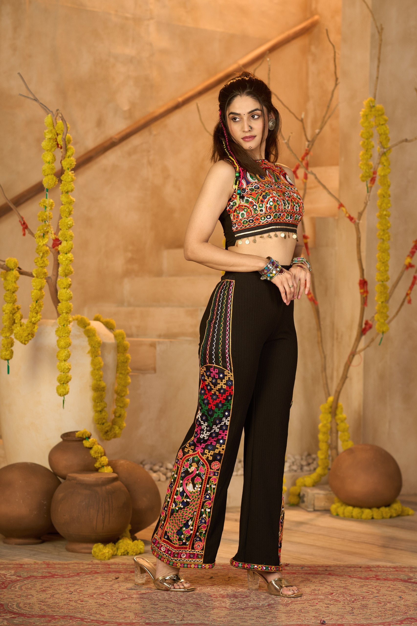 Navratri Special Black Embroidered Top Pant Set with Original Mirror Work - Fully Stitched