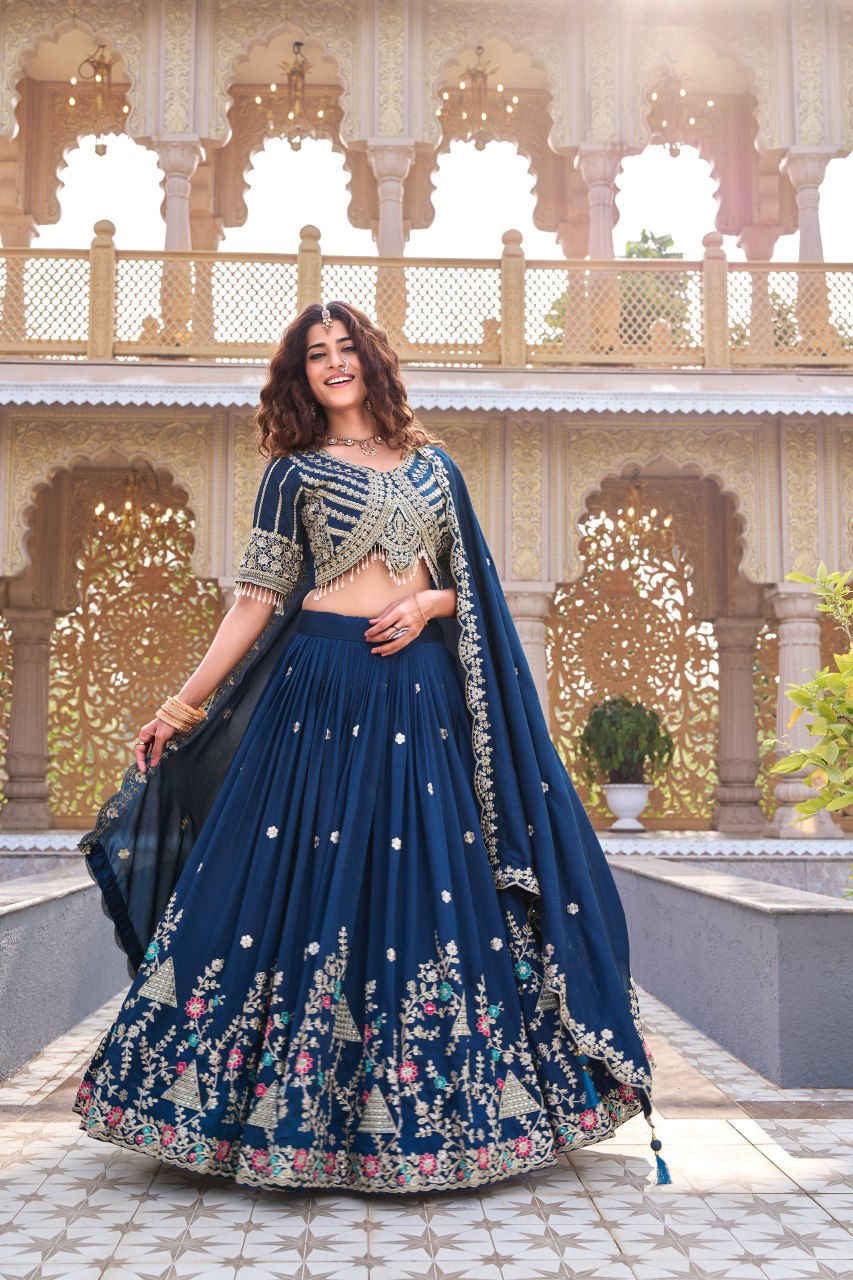 Designer Wedding Collection Vichitra Lehenga Choli with Heavy Cording Embroidery Work - Fully Stitched