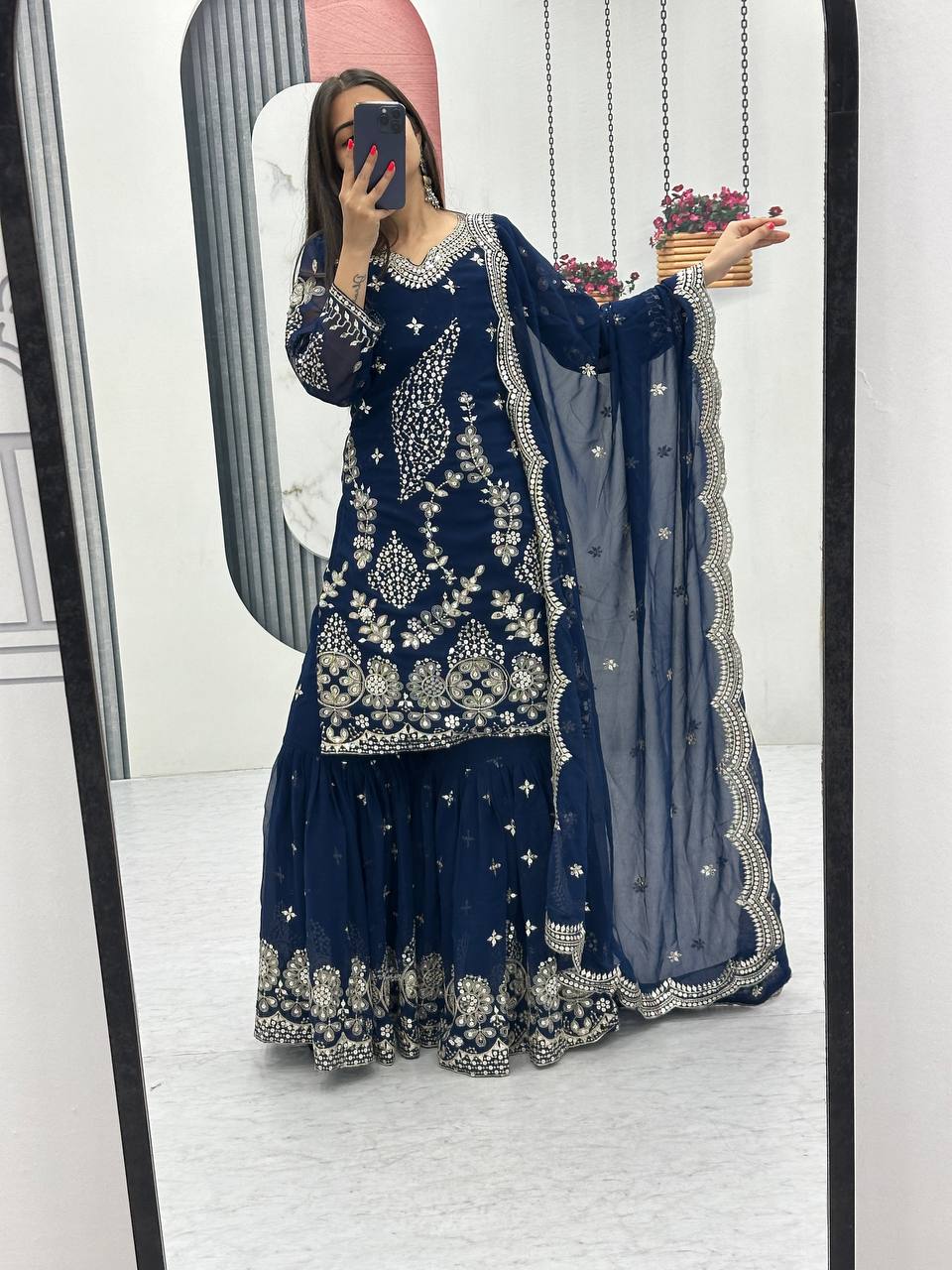 Designer Party Wear Embroidered Sharara Suit Set with Dupatta - Fully Stitched