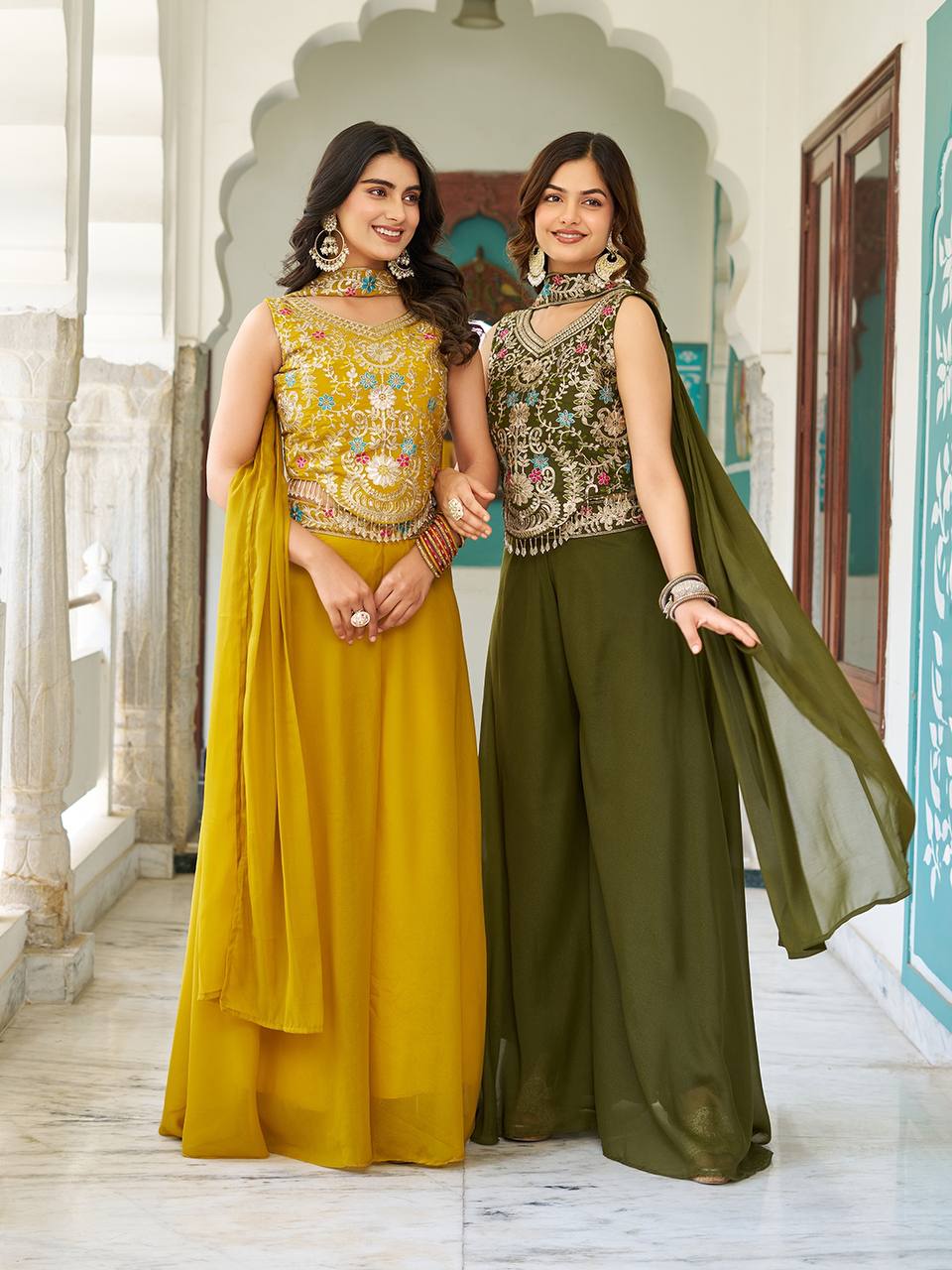 Designer Star Georgette Blouse Palazzo with Cording Sequence Embroidery Dupatta - Fully Stitched
