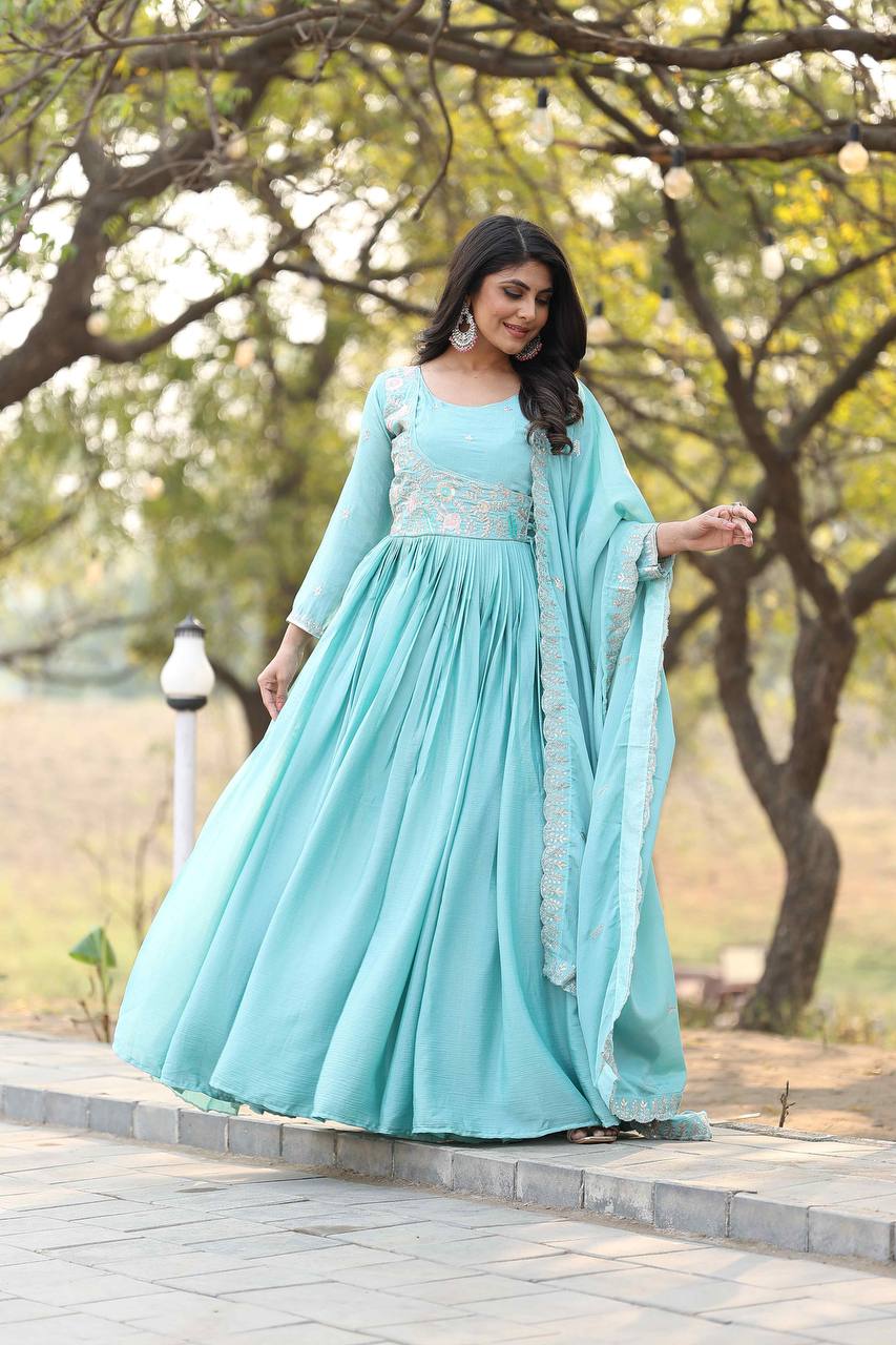 New Festival Collection Chinon Long Gown with Heavy Sequence and Thread Embroidery Dupatta- Fully Stitched