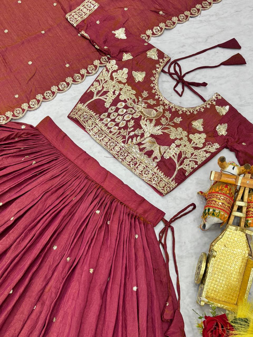 Wedding Collection Pure NC Vichitra Lehenga Choli with Heavy Cording Embroidery Work - Fully Stitched