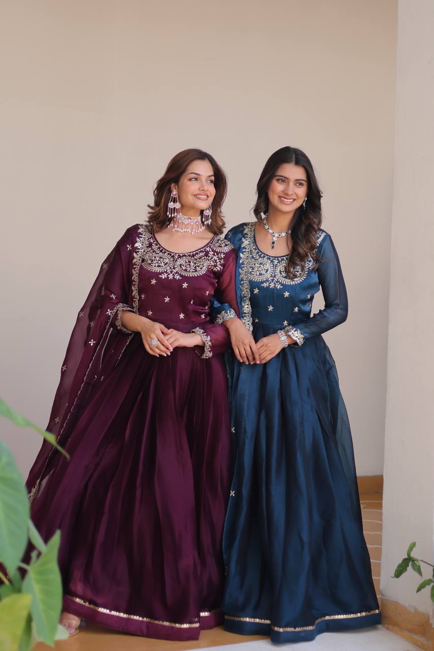 New Festival Collection Burberry Silk Long Gown with Heavy Sequence Embroidery Dupatta - Fully Stitched