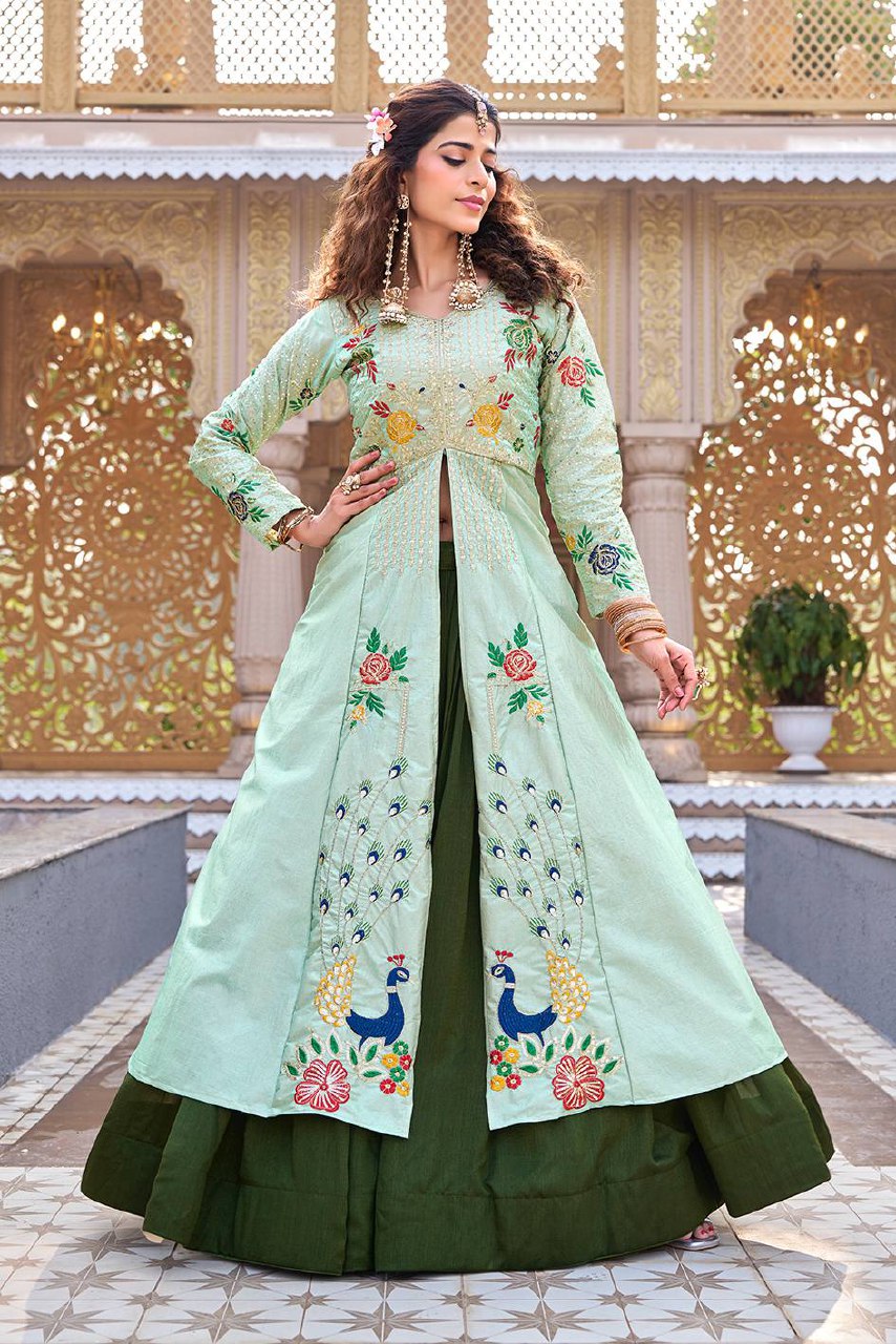 Wedding Collection Satin Silk Lehenga Choli with Embroidery Sequence Work - Fully Stitched