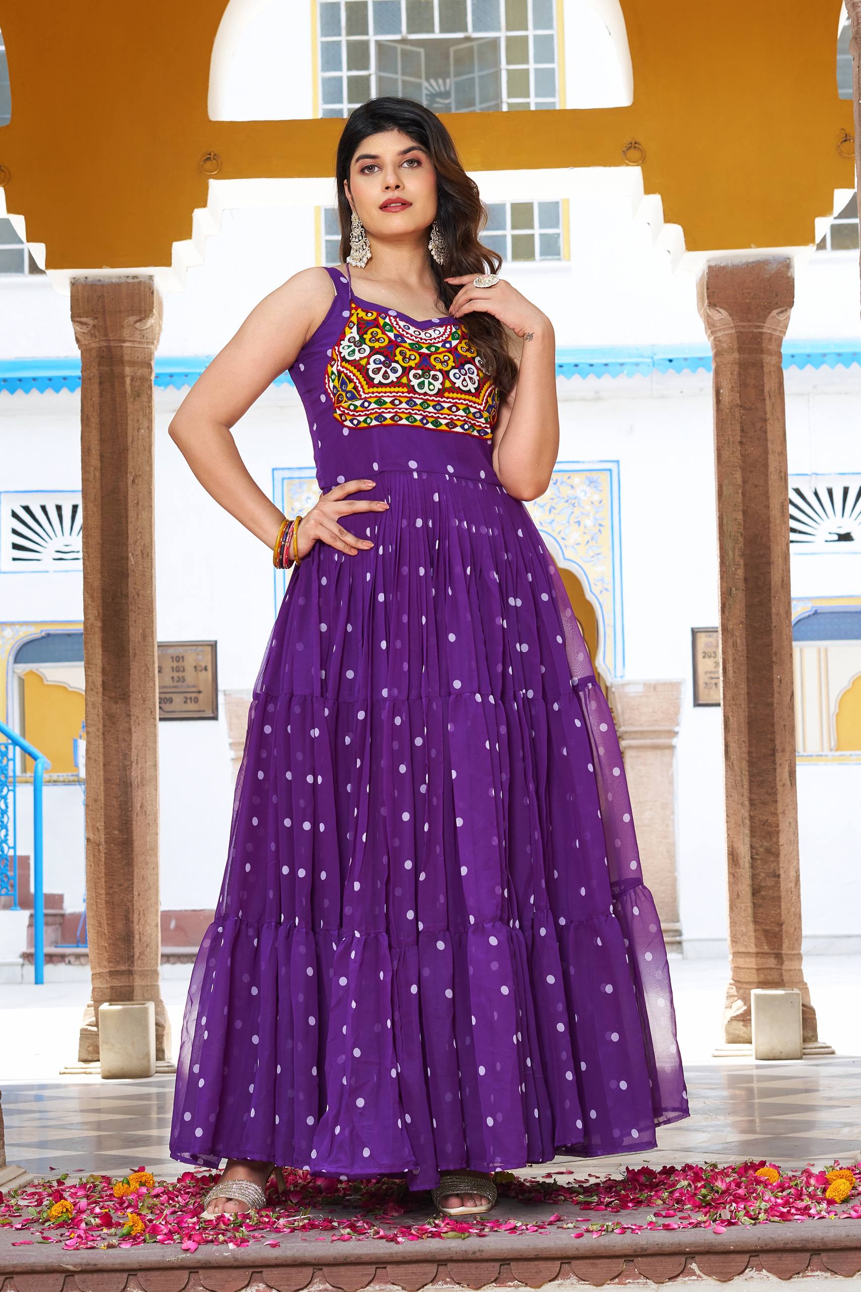 Navratri Special Bandhani Print Georgette Gown with Gamathi Work and Real Mirror - Fully Stitched