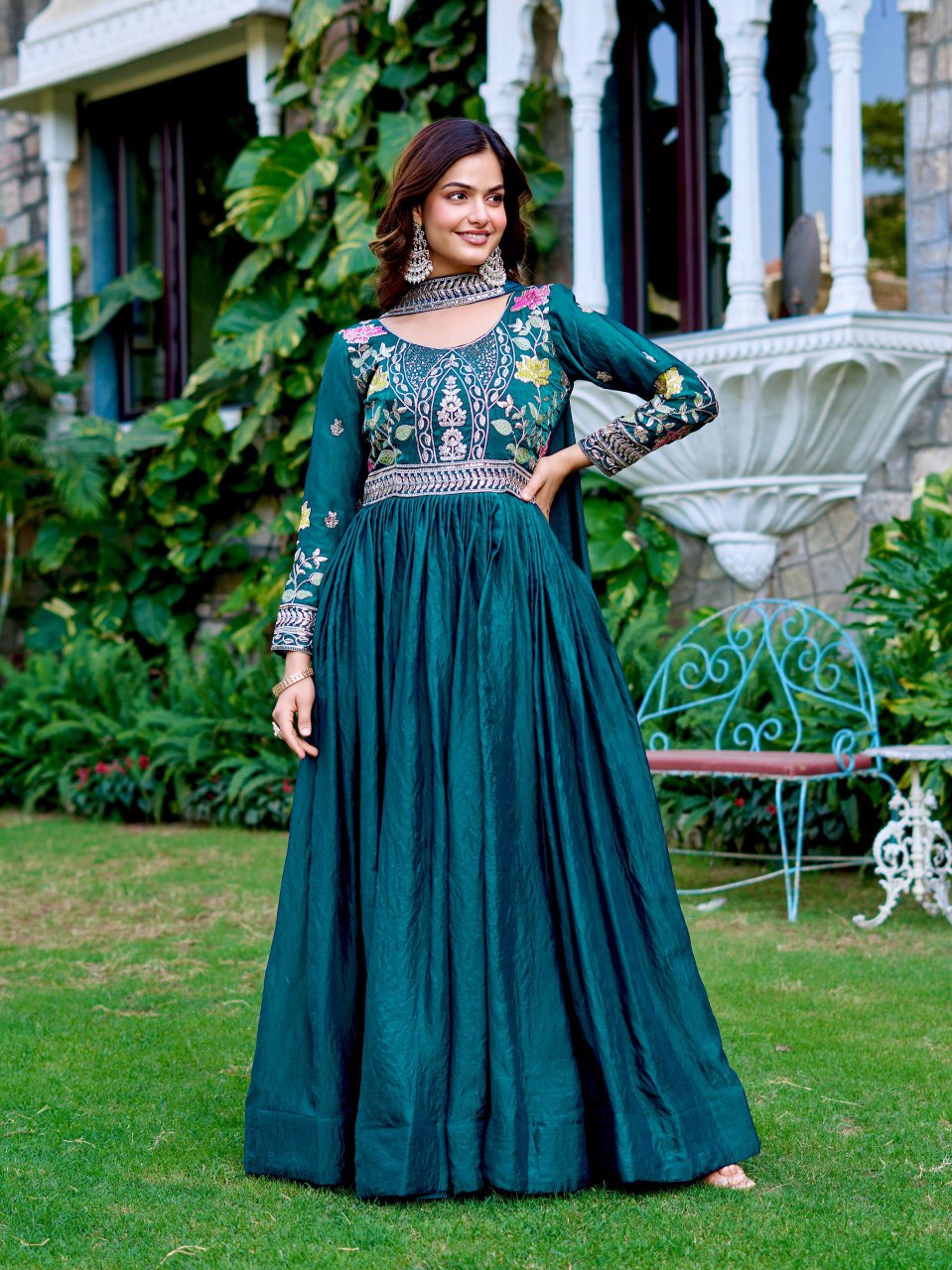 Festival Collection Fendy Silk Long Gown with Heavy Cording Sequence and Thread Embroidery Work - Fully Stitched