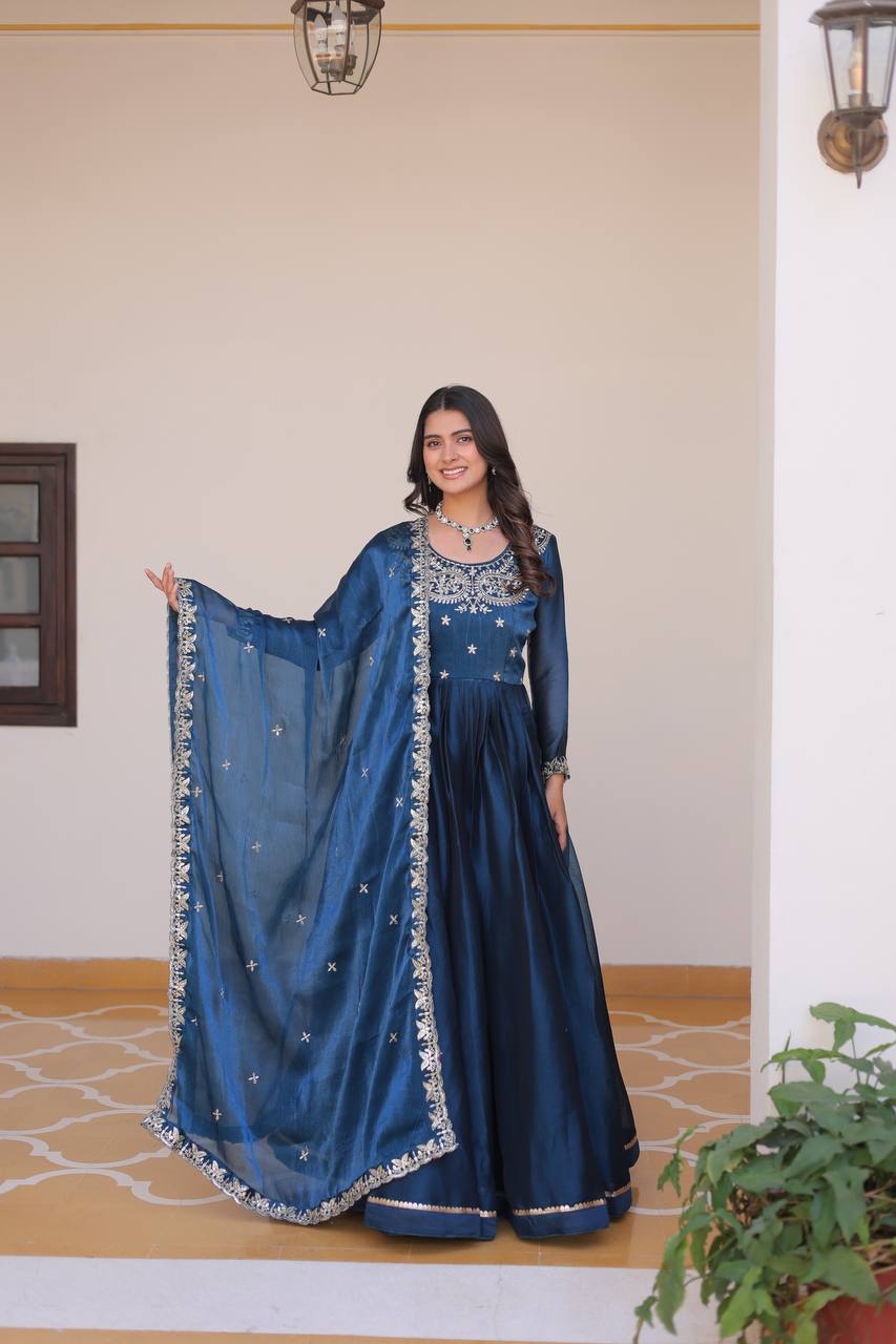 New Festival Collection Burberry Silk Long Gown with Heavy Sequence Embroidery Dupatta - Fully Stitched
