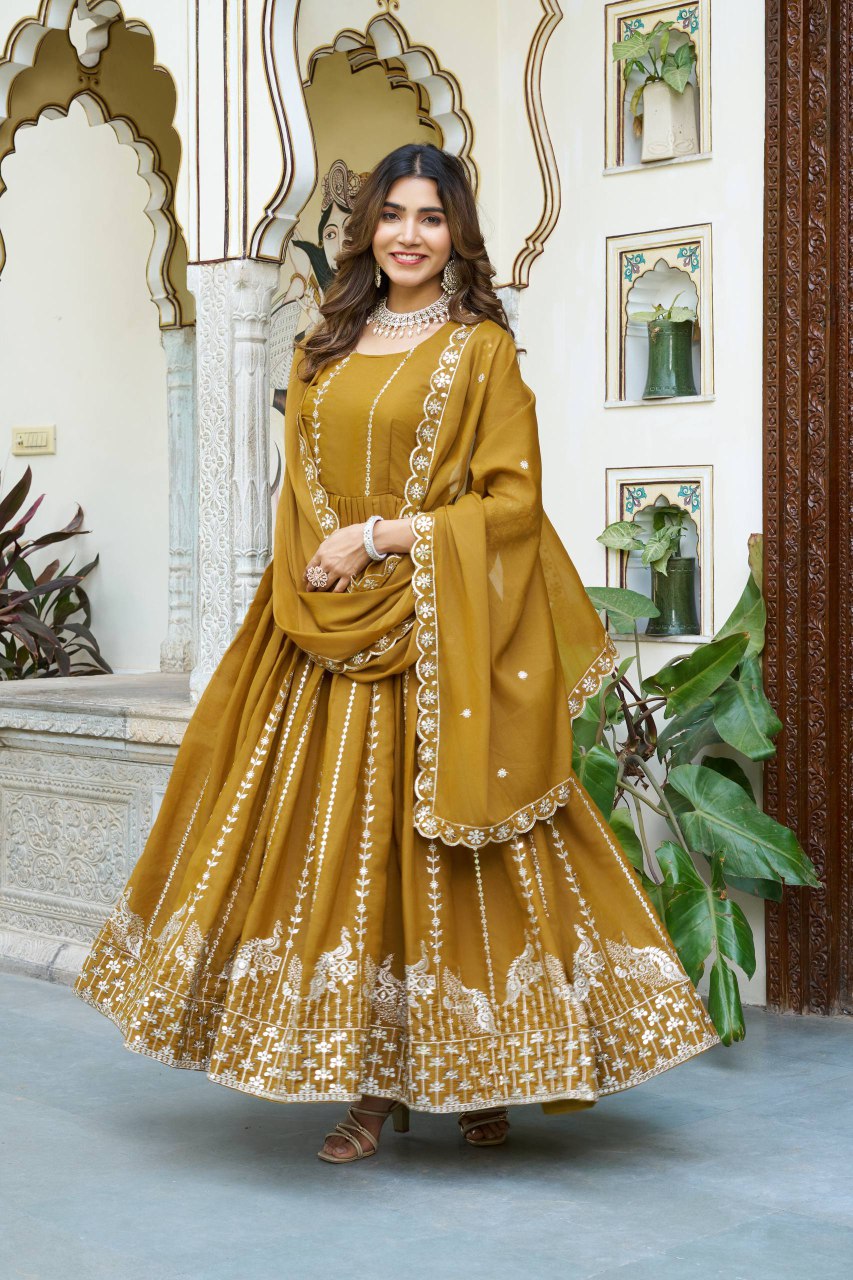 Festival Collection Star Georgette Long Gown with Heavy 7MM Sequence Embroidery Work - Fully Stitched