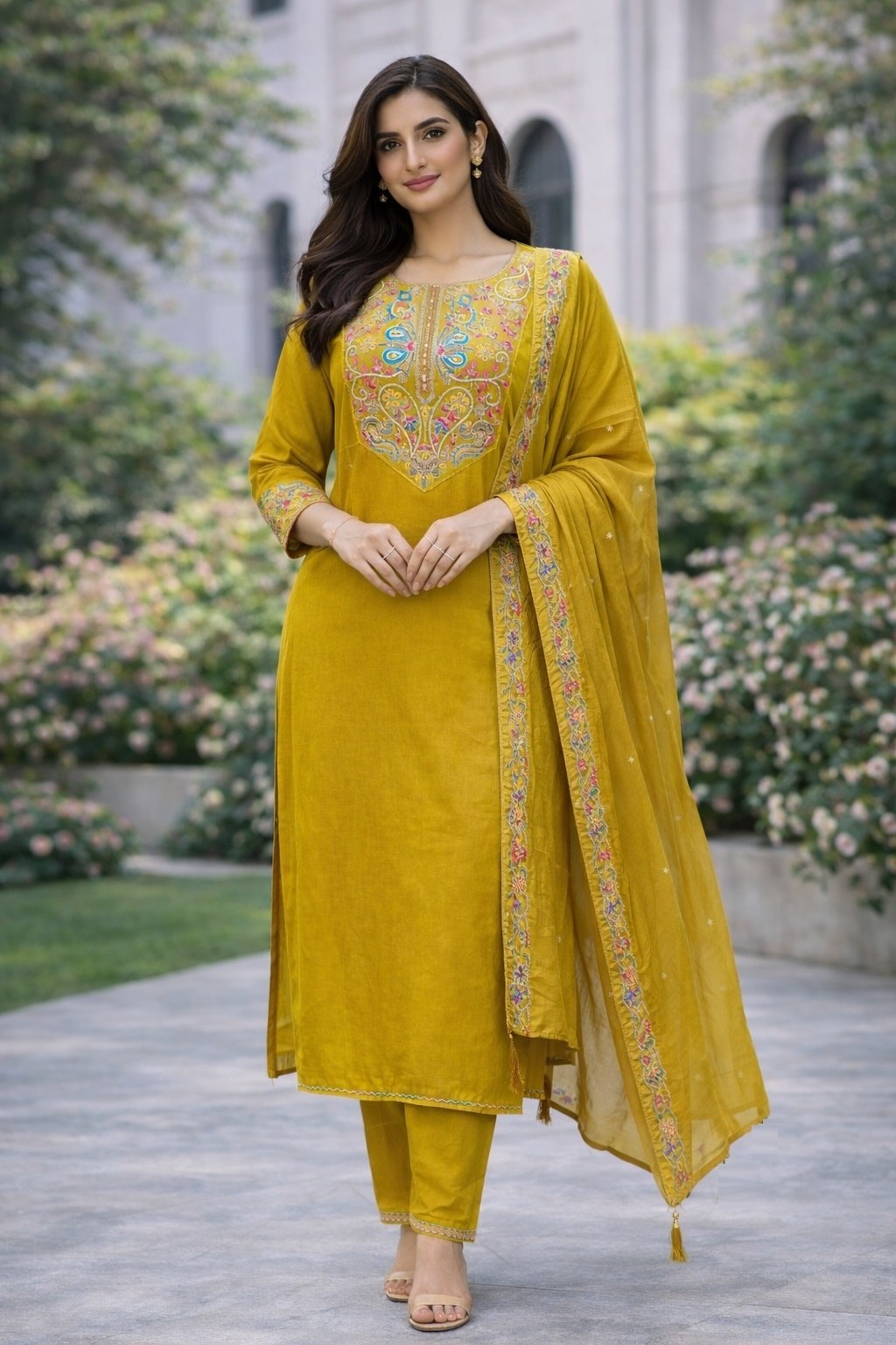 Designer Cotton Silk Embroidered Kurti Pant Set with Dupatta - Fully Stitched
