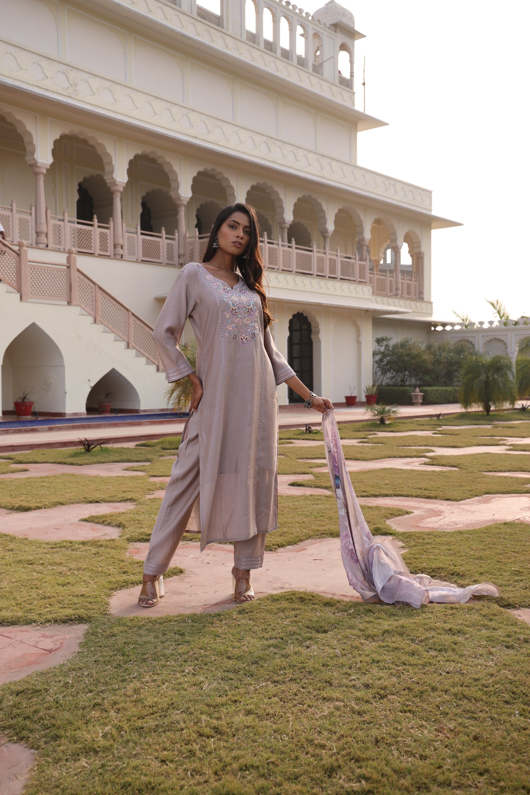 Designer Beige Embroidered Kurti Pant Set with Digital Print Dupatta - Fully Stitched