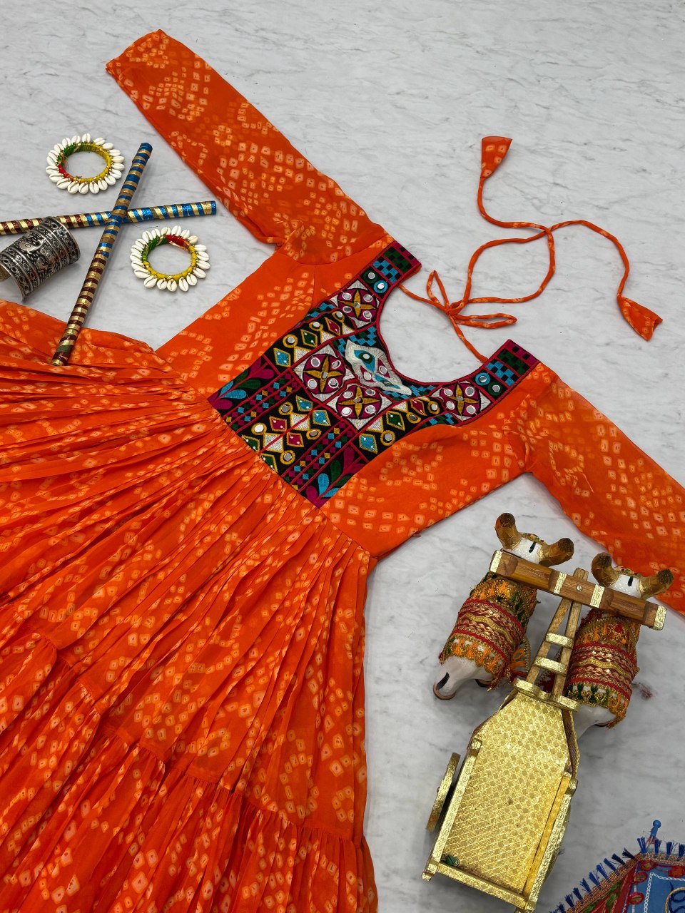 Navratri Special Faux Georgette Gown with Embroidery Thread Work and Real Mirror - Fully Stitched