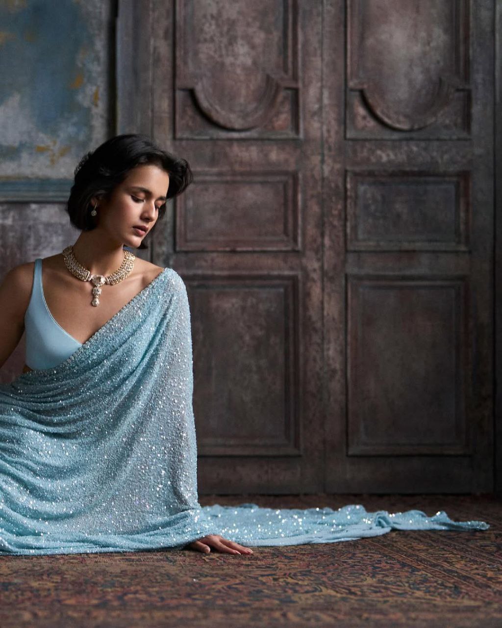 Bollywood Alia Bhatt Inspired Faux Georgette Sequins Embroidered Designer Saree