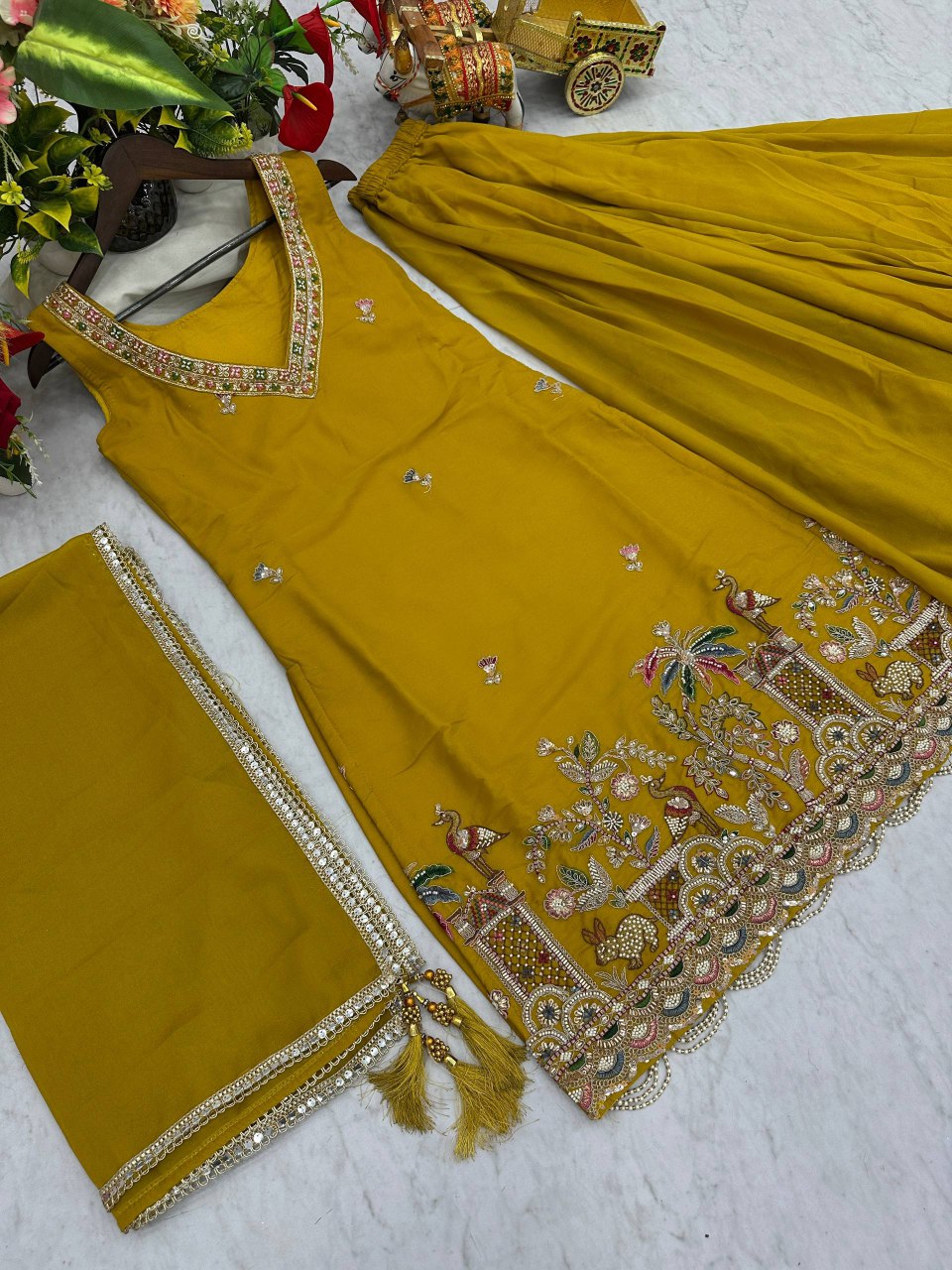 New Haldi Special Designer Kurti Palazzo with Dupatta and Moti Work - Fully Stitched