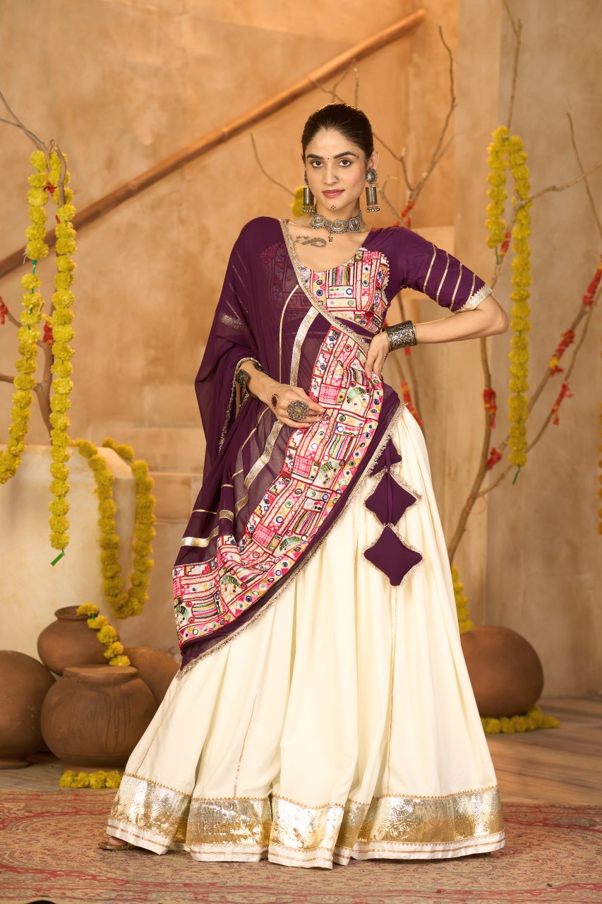 Navratri Special Off White Crepe Chaniya Choli with Gota Patti and Mirror Work