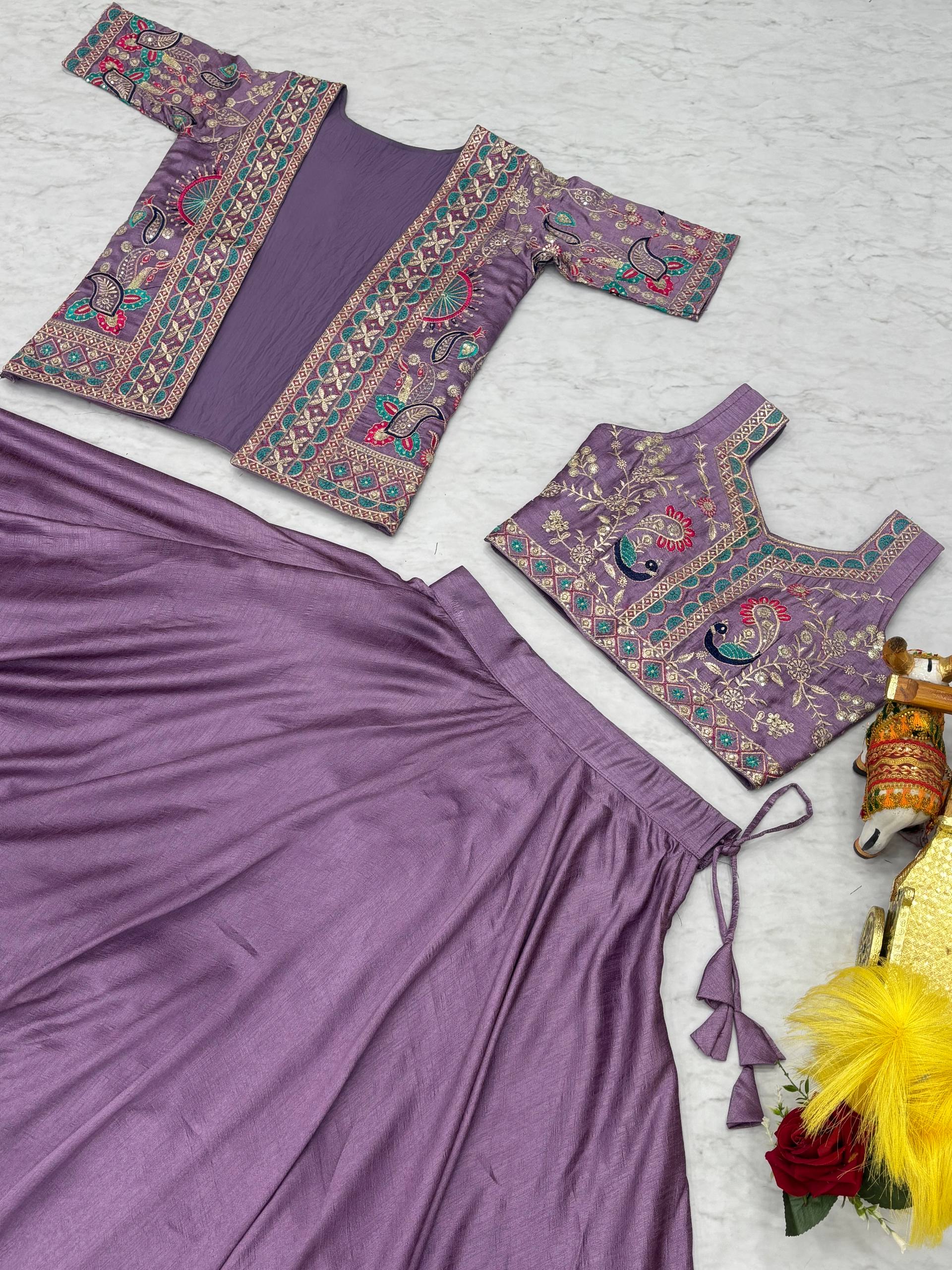 New Festival Collection Vichitra Lehenga Choli with Embroidered Koti and 8.50 Meter Flair - Fully Stitched