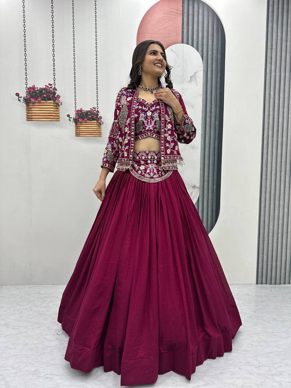 Stylish Indo Western Lehenga Set with Embroidered Shrug - Fully Stitched