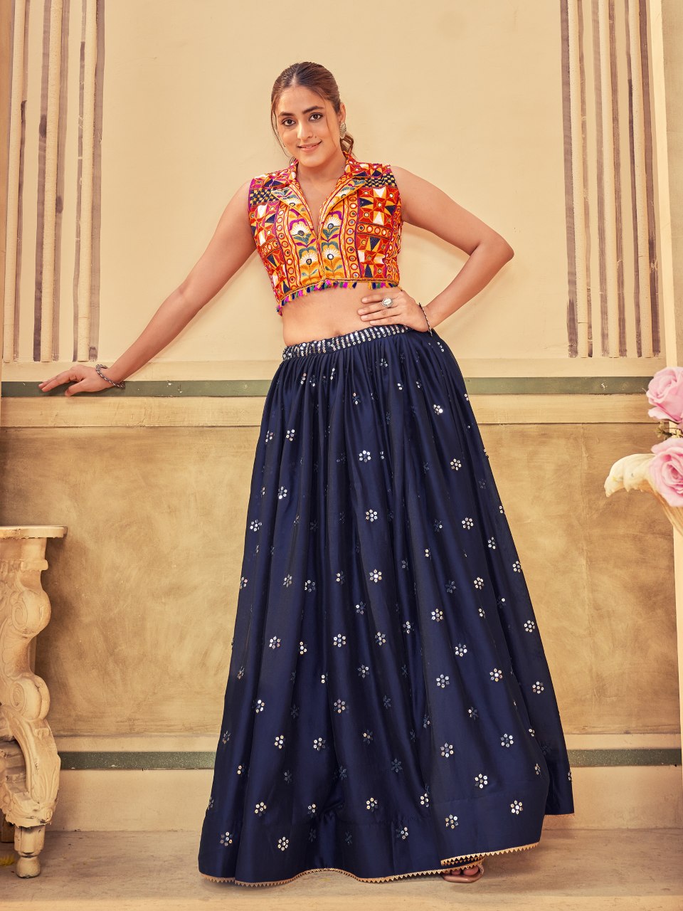 Navratri Special Blue Rangoli Silk Chaniya Choli with Embroidered Lehenga